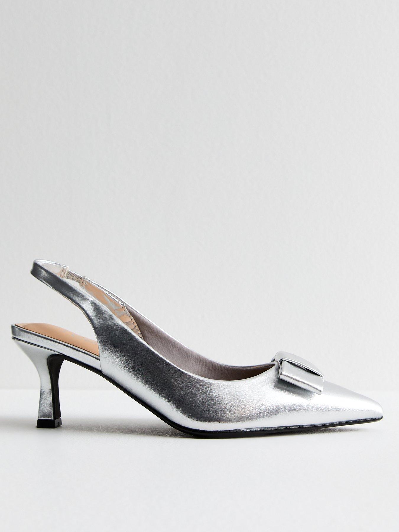 undefined Wide Fit Bow Detail Slingback Court Shoes - Silver