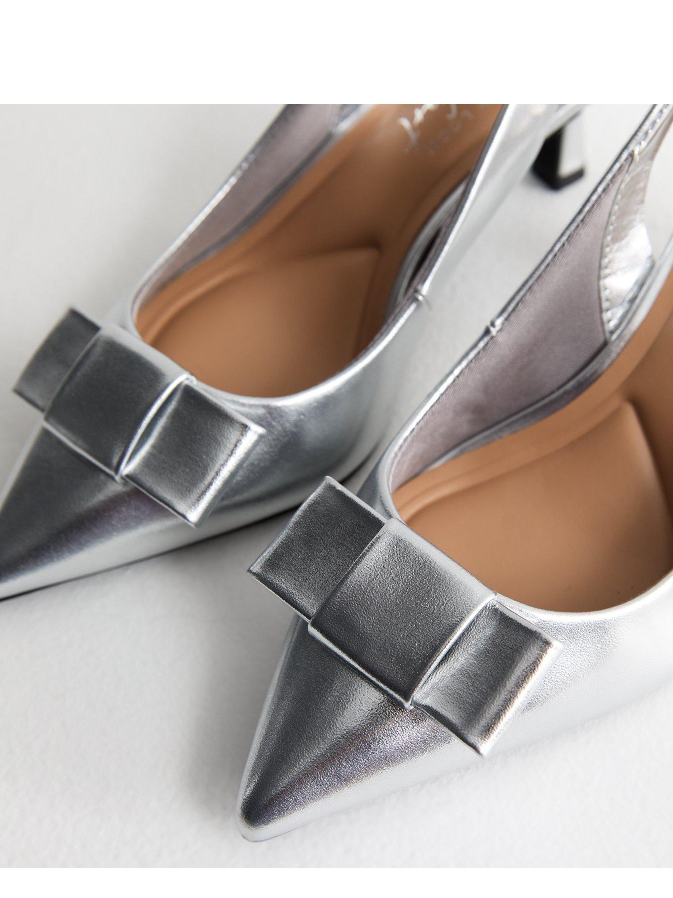 Wide Fit Bow Detail Slingback Court Shoes Silver