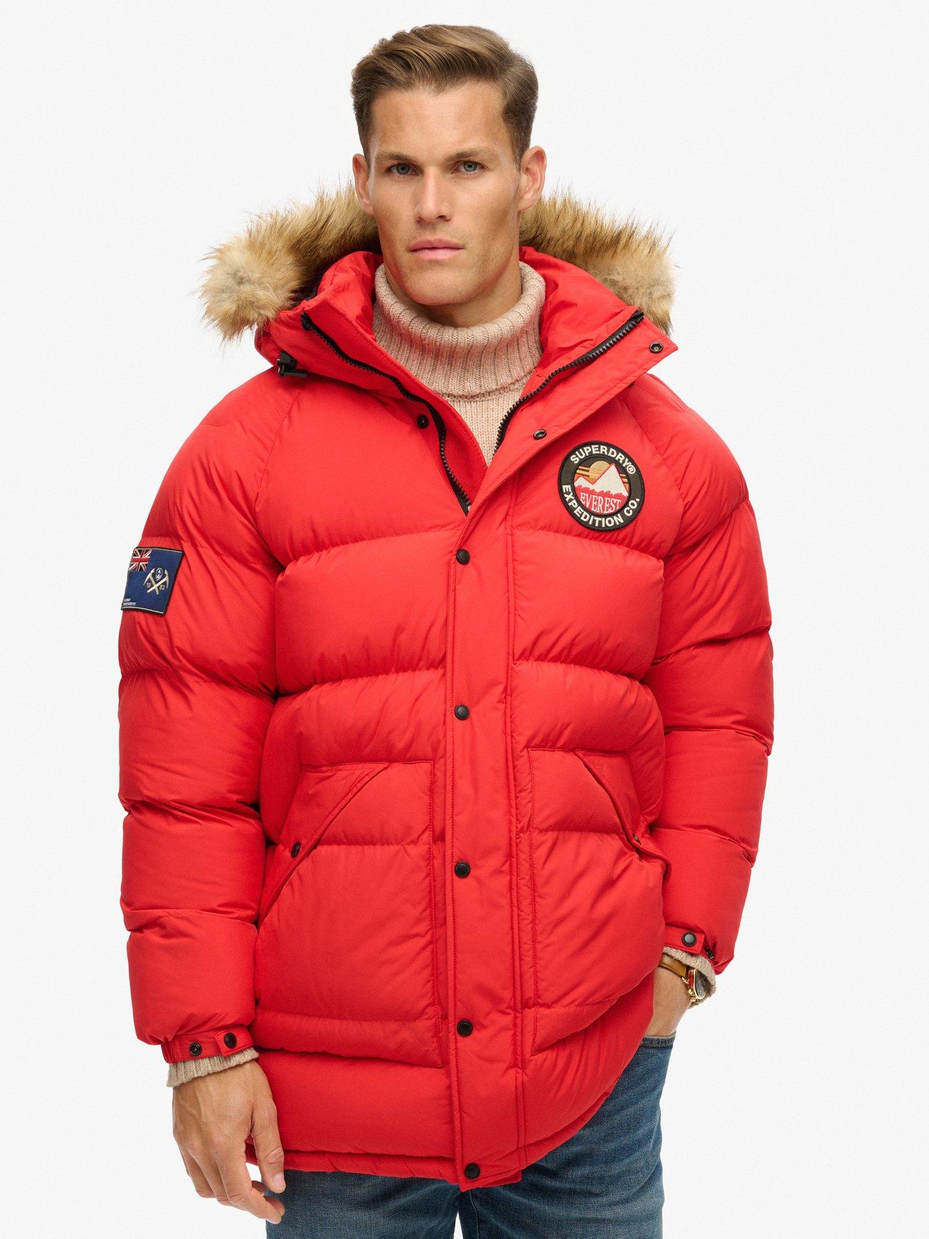 undefined Everest Hooded Faux Fur Longline Padded Parka Coat - Red