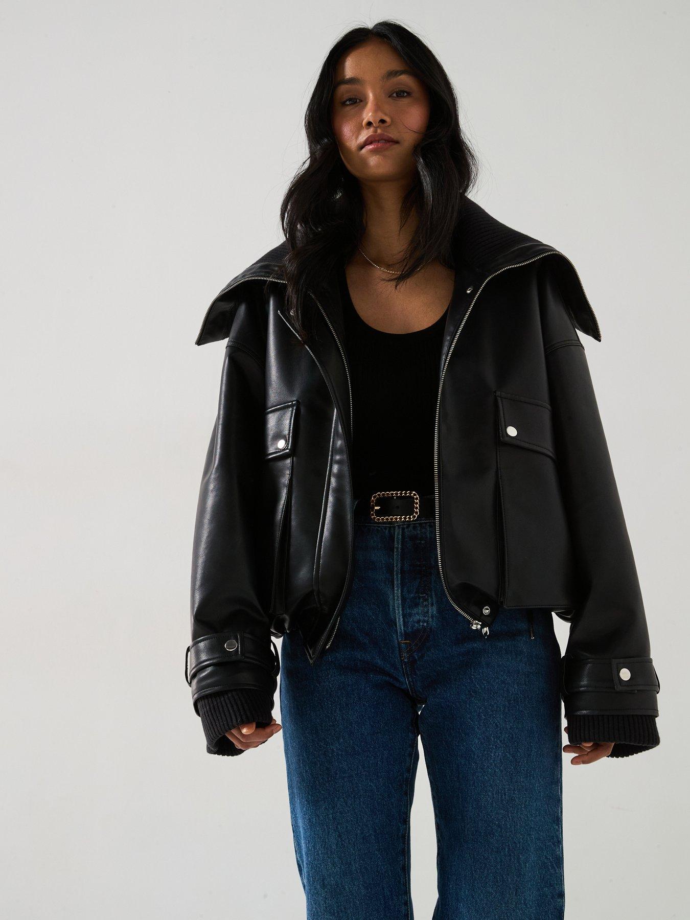 undefined Contrast Trim Faux Leather Bomber - Black