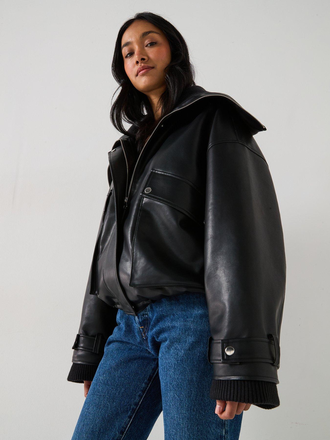 Image 6 of 6 of V by Very Contrast Trim Faux Leather Bomber Jacket - Black