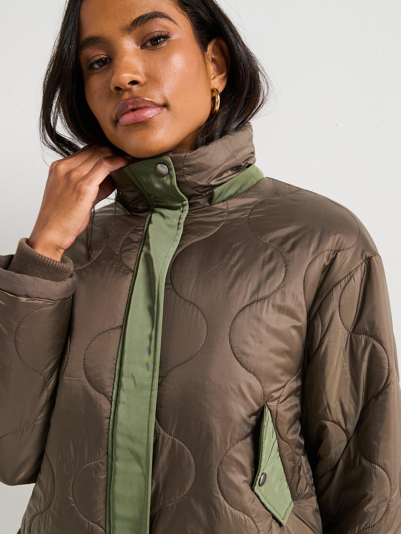 Image 4 of 6 of V by Very Short Quilted Jacket With Contrast Details - Khaki