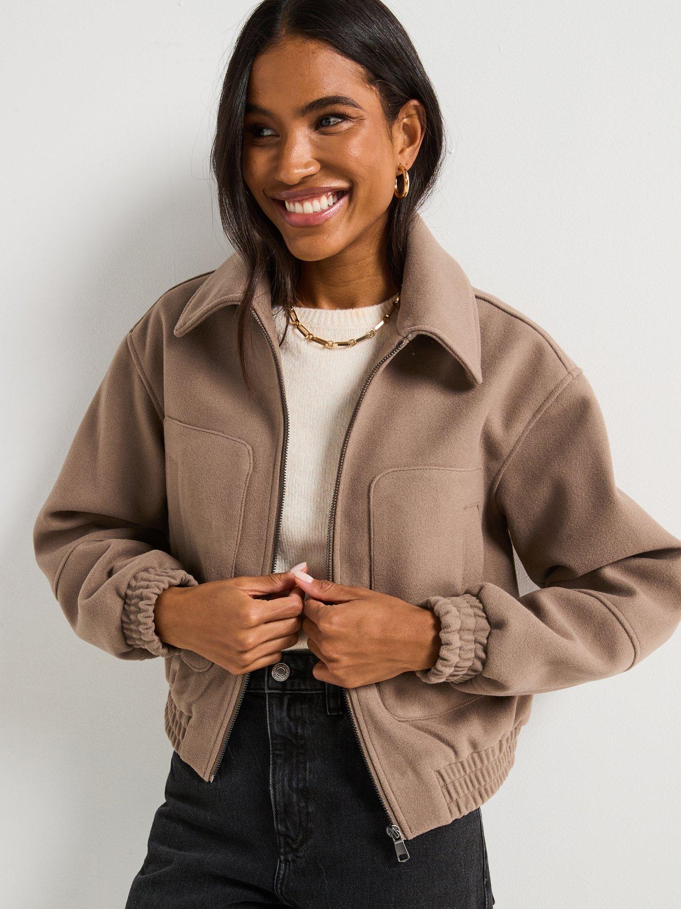 undefined Faux Wool Zip Through Bomber Jacket - Beige