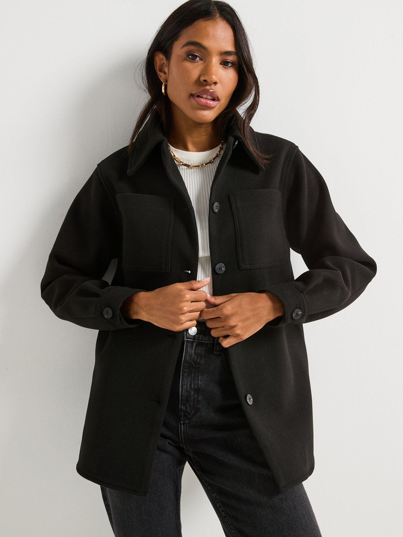 undefined Faux Wool Patch Pocket Shacket - Black