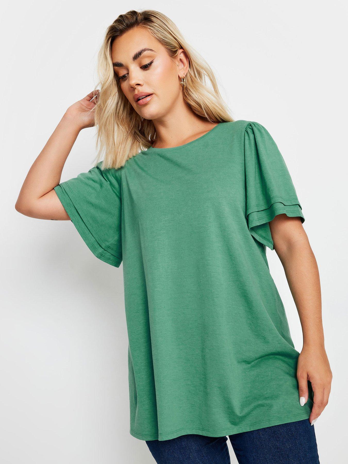 Image 1 of 4 of Yours Curve Double Frill Angel Sleeve Top - Green