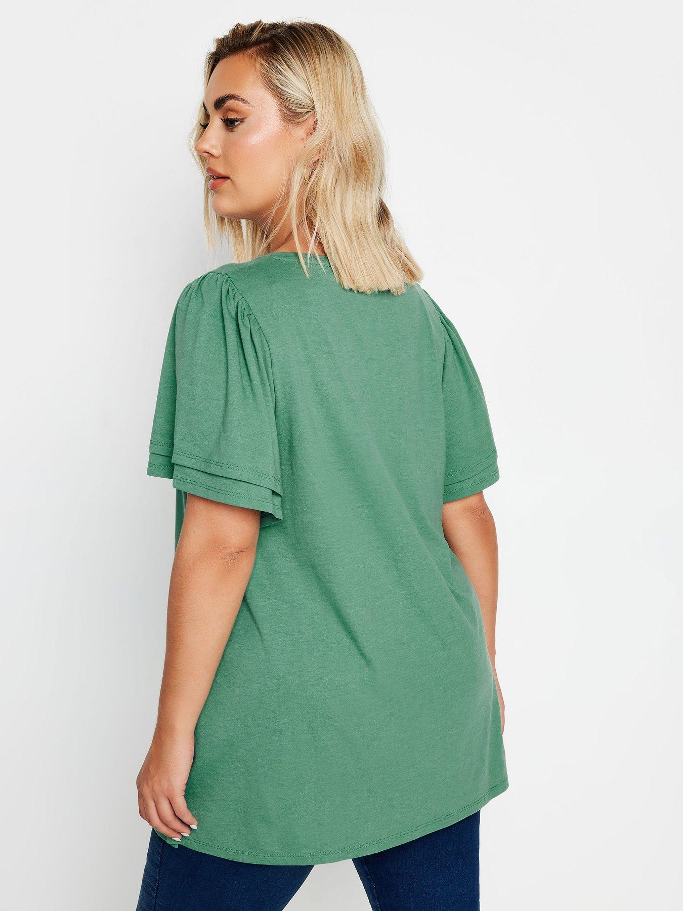 Image 2 of 4 of Yours Curve Double Frill Angel Sleeve Top - Green
