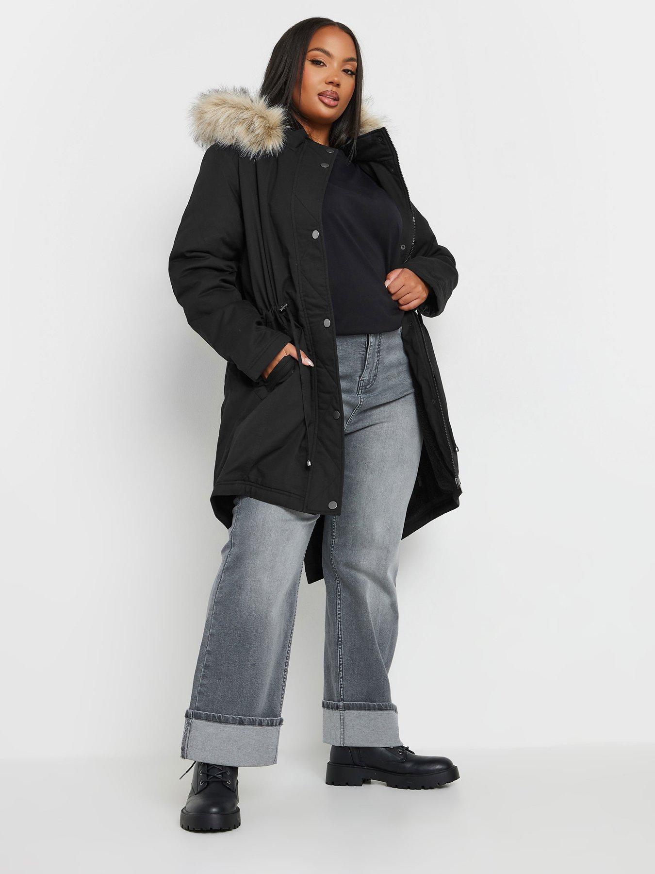 Yours Curve Fur Trim Parka - Black