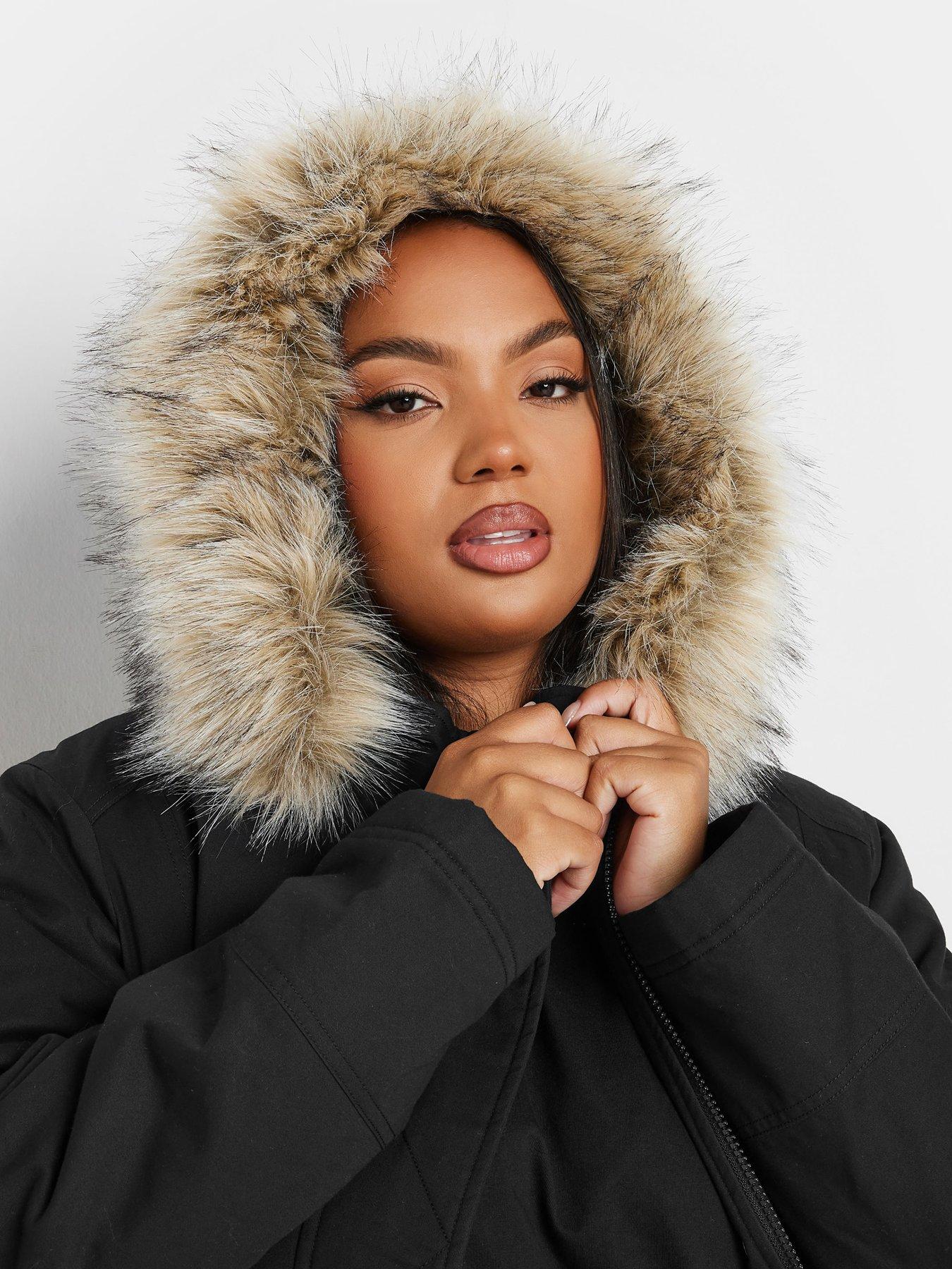 Black fur trim parka deals