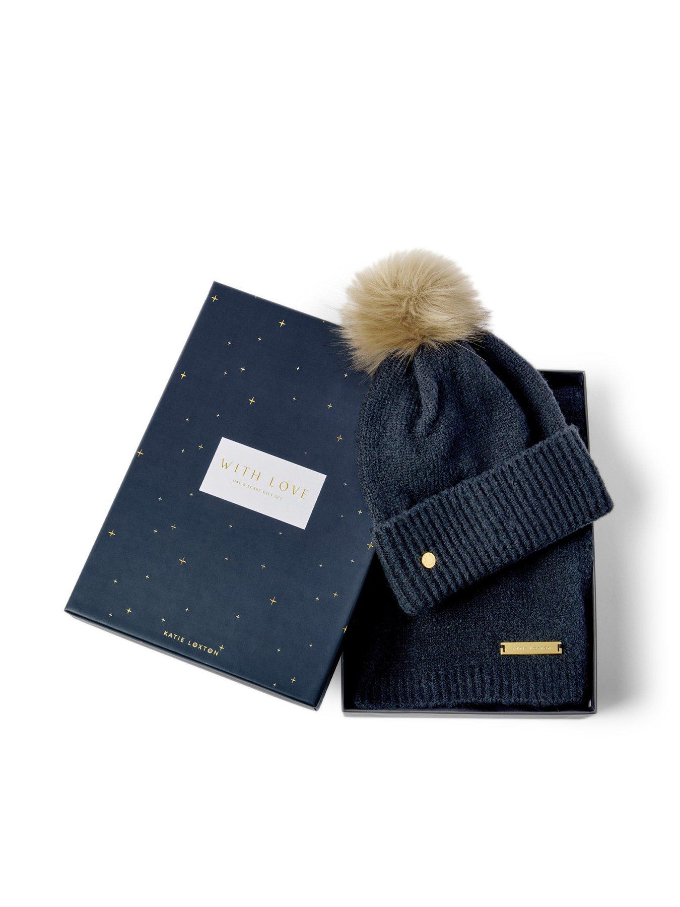 undefined Boxed Fine Knitted Hat & Scarf Set - Navy/tan