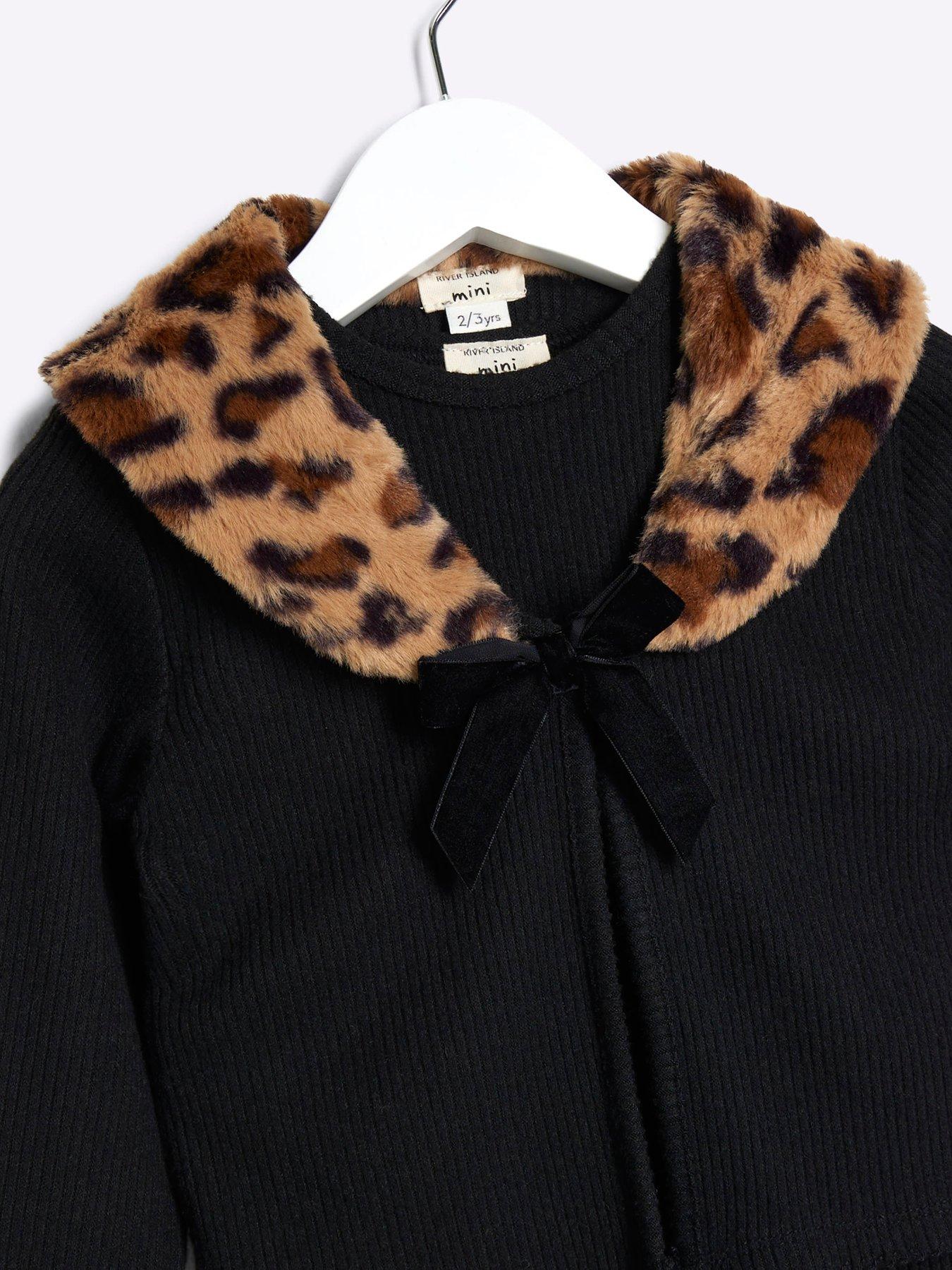 River Island Mini Mini Girl Leopard Collar Cardigan Set Black Very