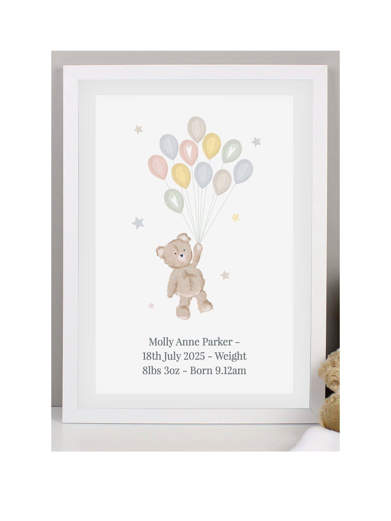 Product photograph of The Personalised Memento Company Personalised Teddy Balloons A4 White Framed Print from very.co.uk