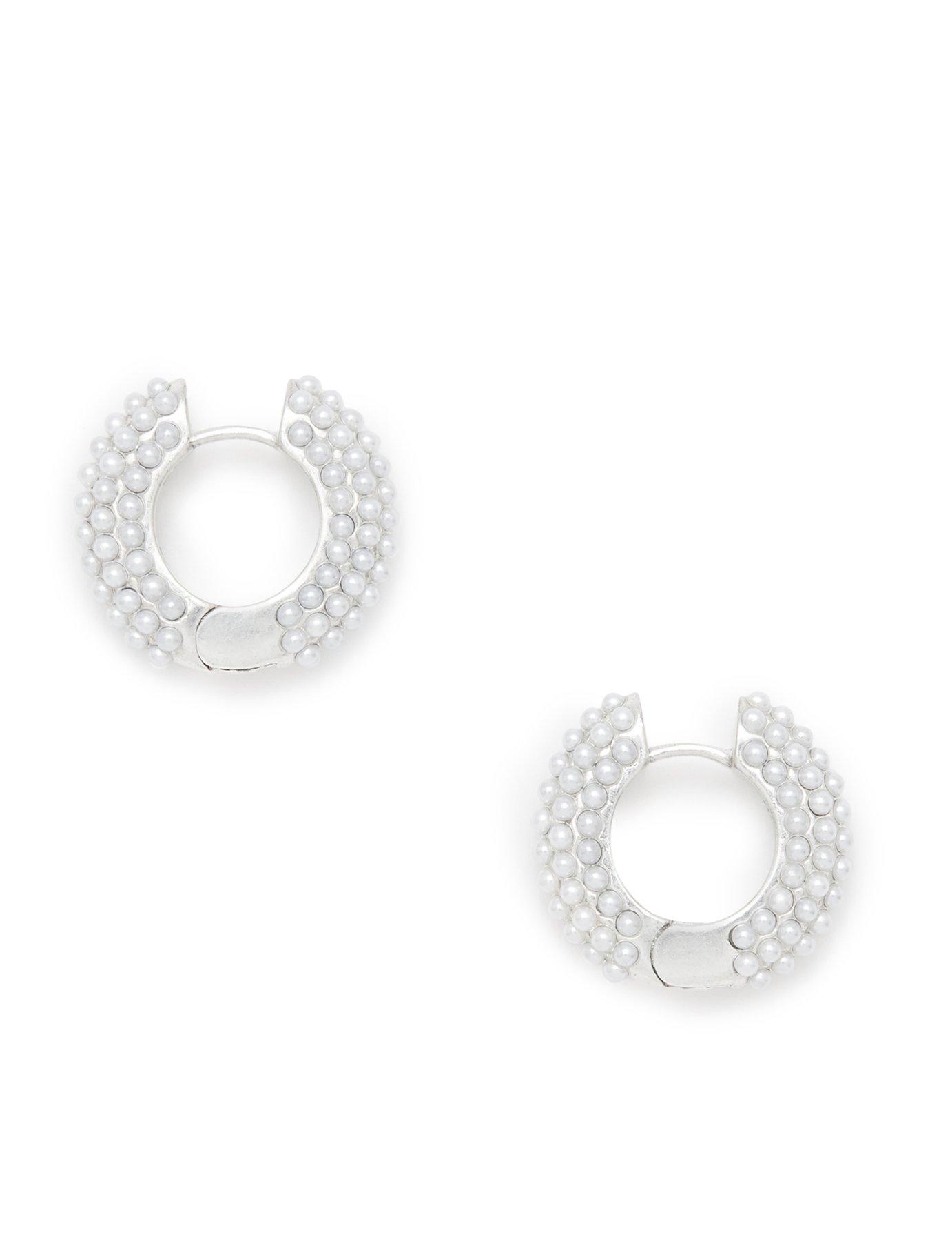 Product photograph of Allsaints Chunky Pearl Huggie Earrings - Silver from very.co.uk