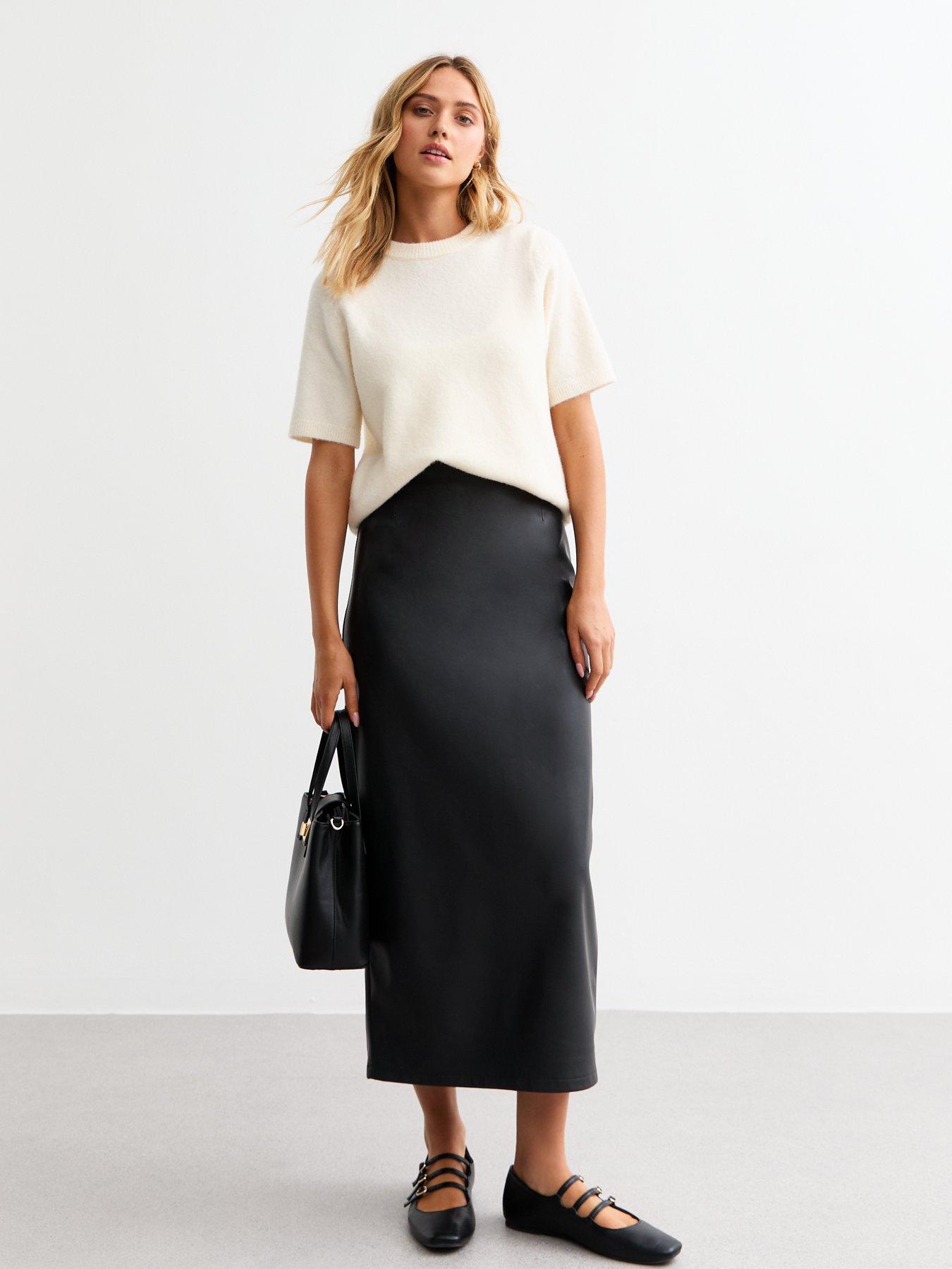 undefined Black Leather-look Pencil Midi Skirt