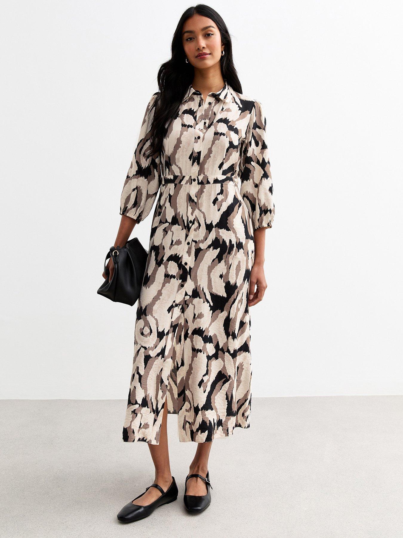 undefined Abstract Print Midi Shirt Dress - Brown
