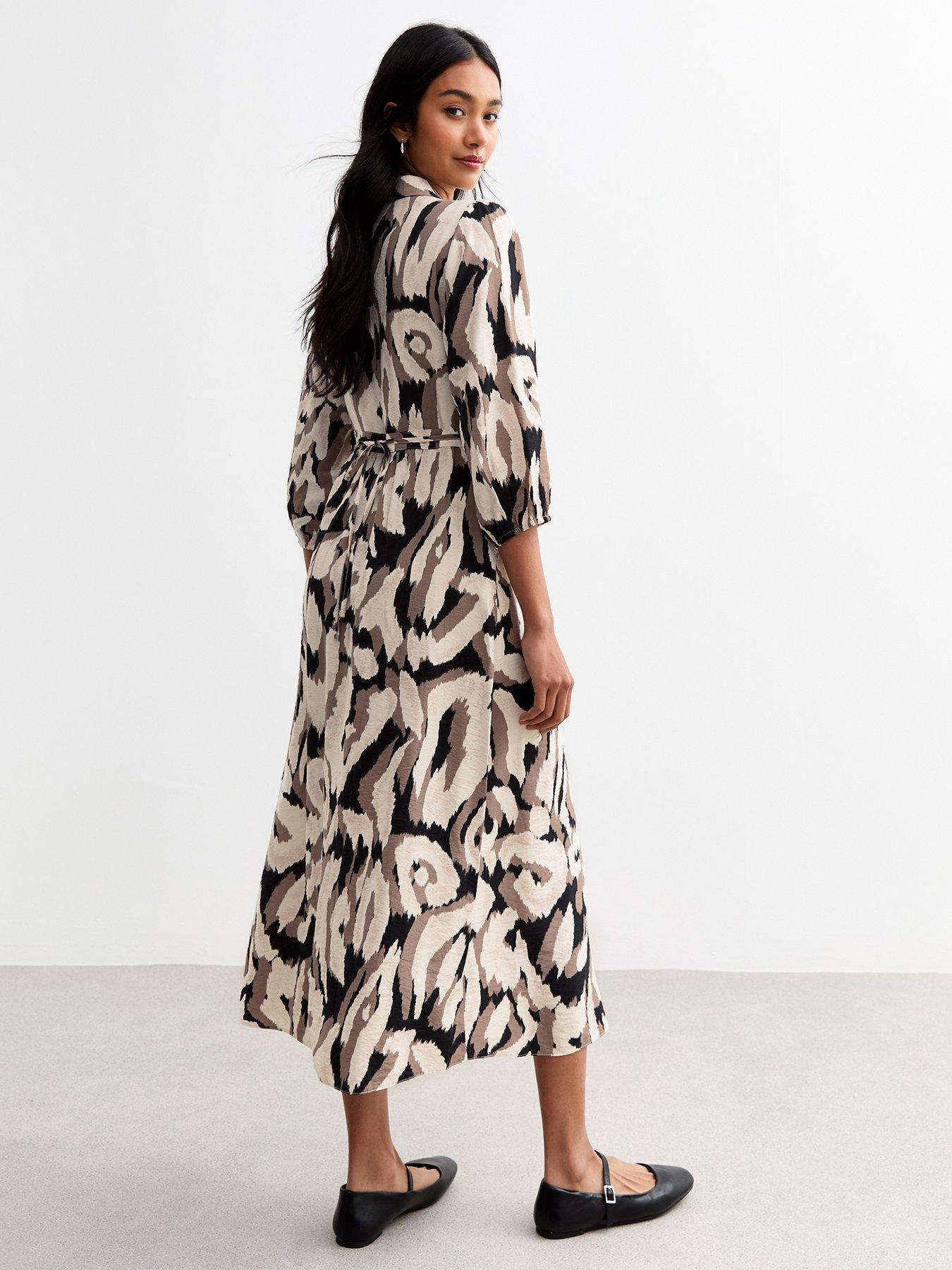 Brown Abstract Print Midi Shirt Dress