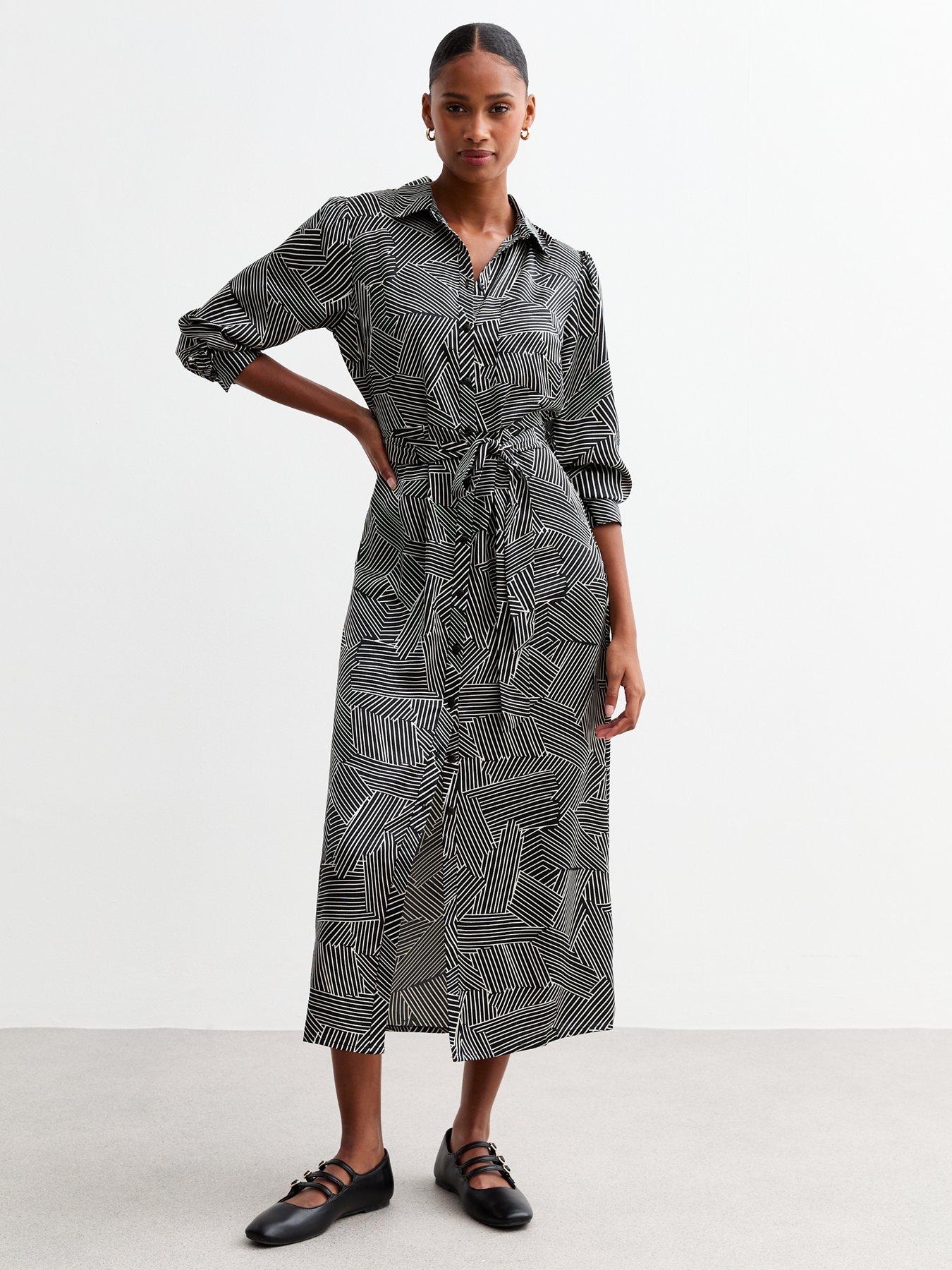 New Look Black Geometric Patterned Belted Midi Shirt Dress Very
