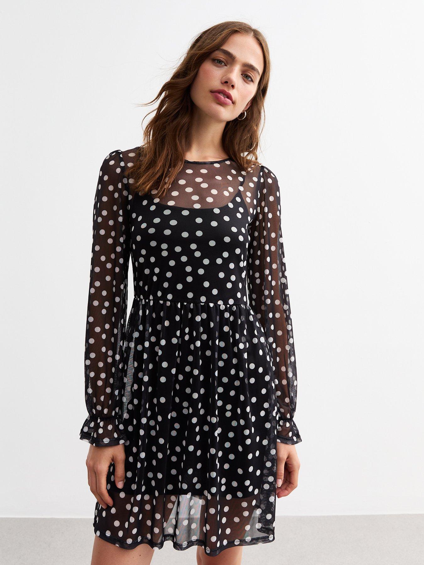 New Look Blue Polka Dot Frill trim Midi Dress Very