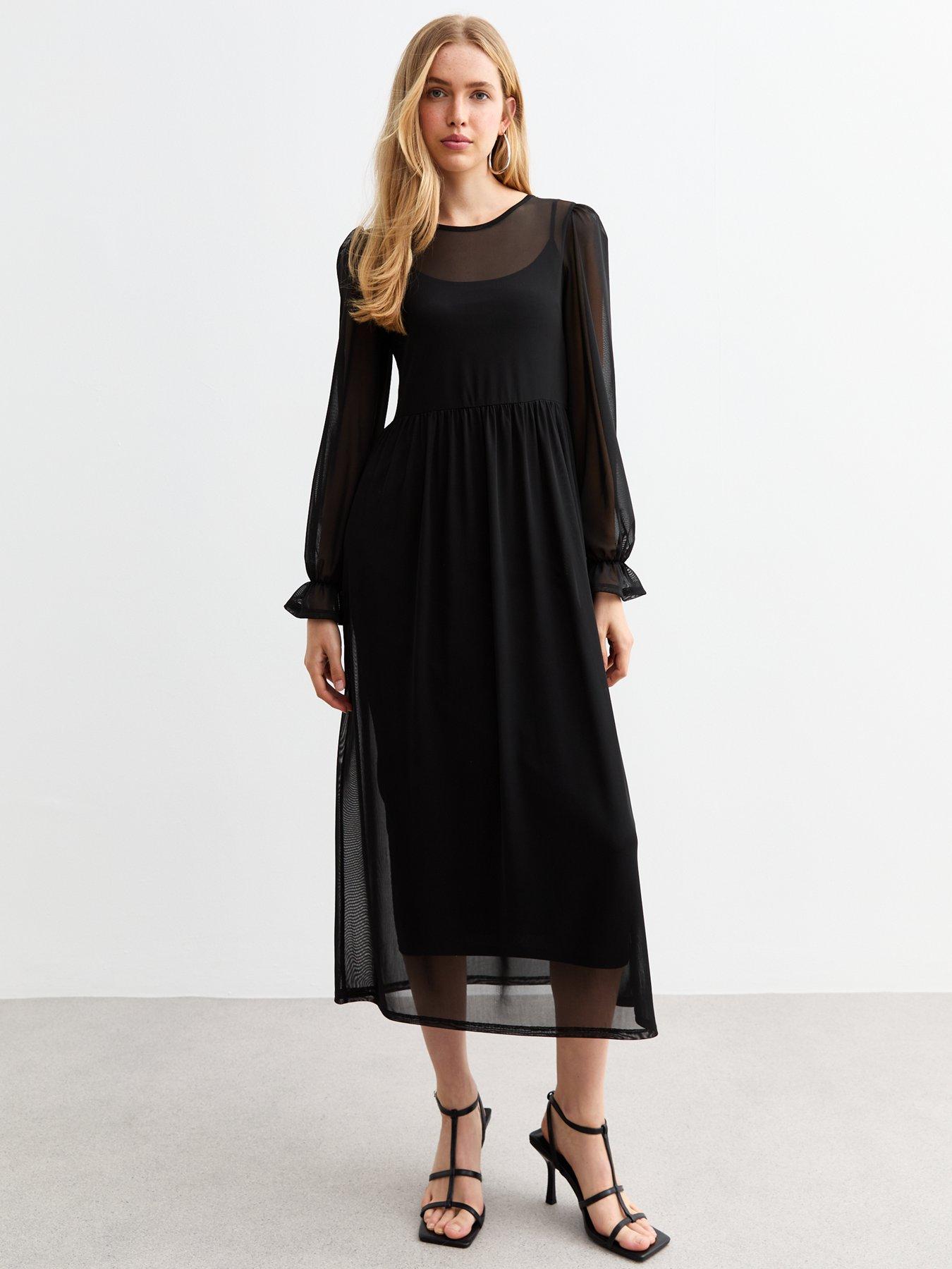 Black Mesh Long Sleeve Midi Smock Dress