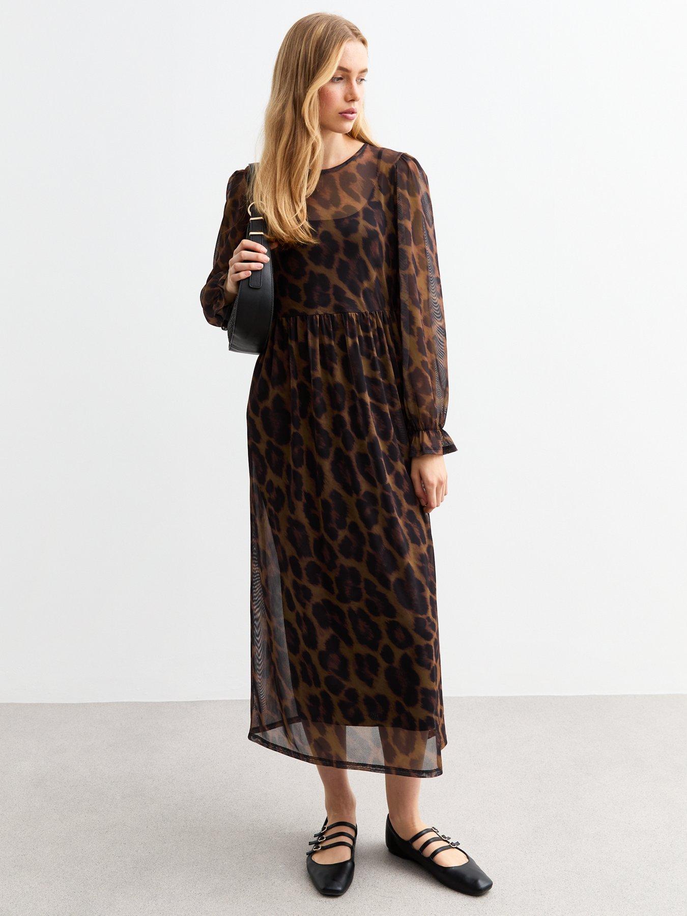 New Look Brown Leopard Print Mesh Long Sleeve Midi Dress Very