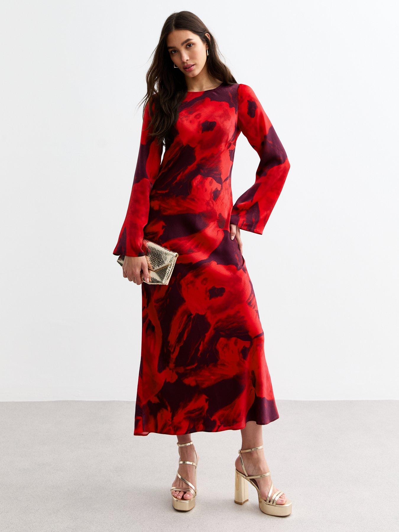 New Look Red Abstract Print Long Sleeved Midi Dress