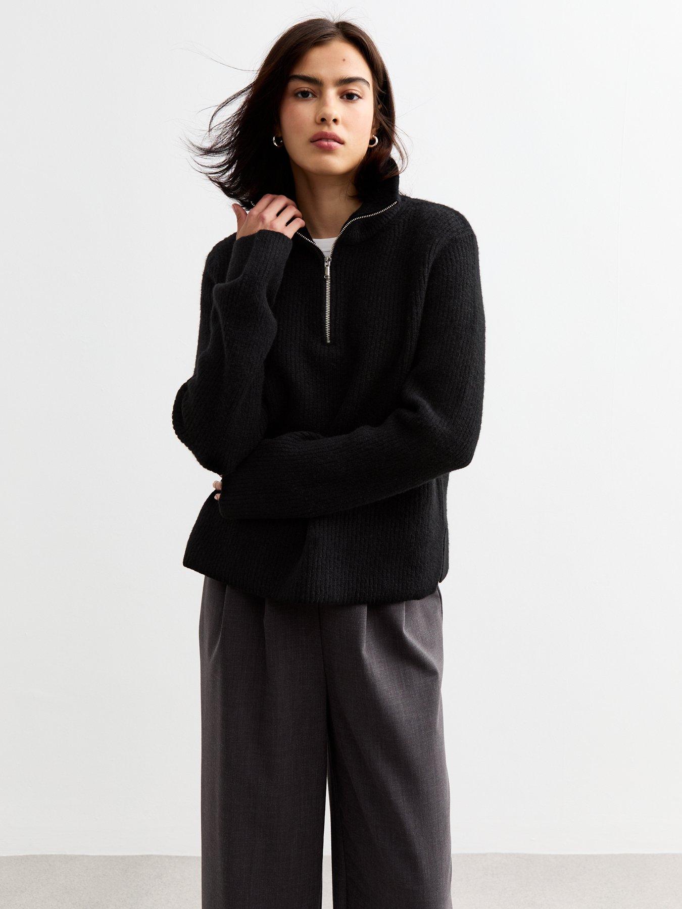 undefined Ribbed Half Zip Knit Jumper - Black