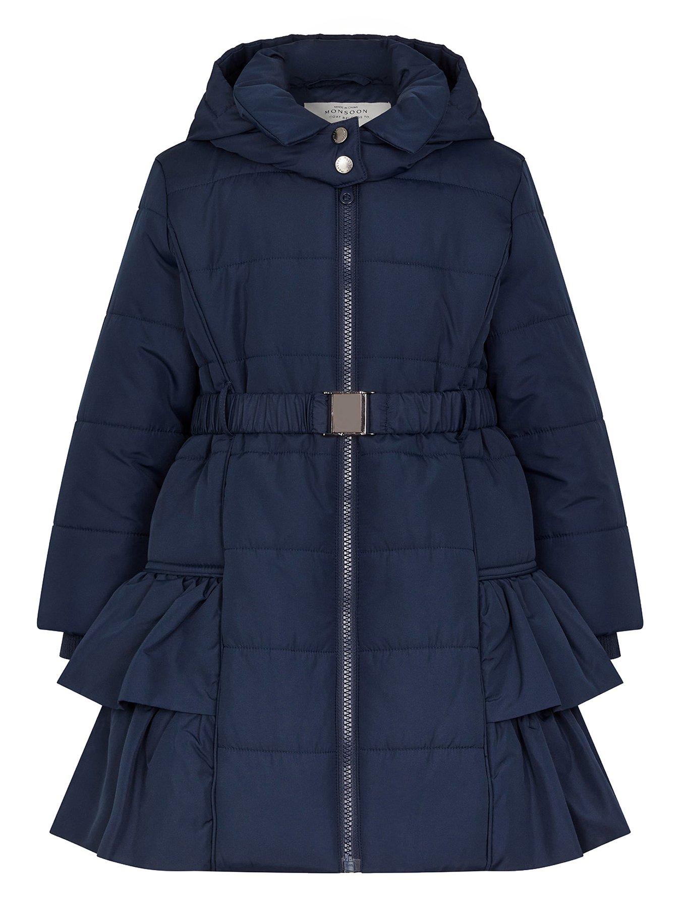 Girls Belted Ruffle Coat Navy