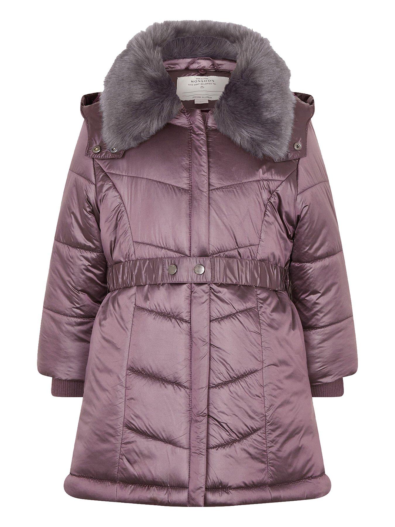 Girls Metallic Chevron Faux Fur Collar Coat Purple