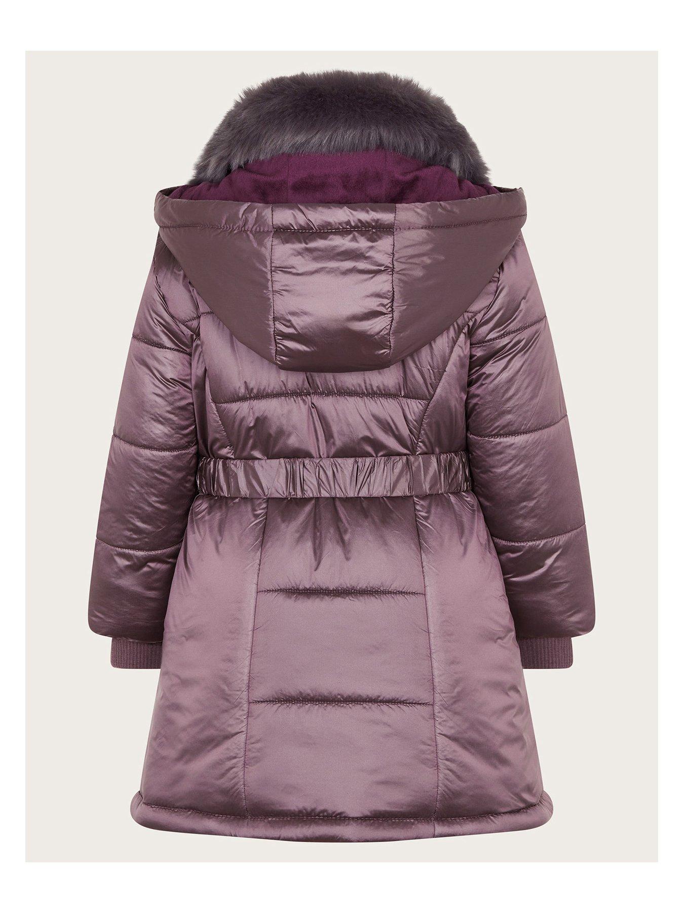 Girls Metallic Chevron Faux Fur Collar Coat Purple