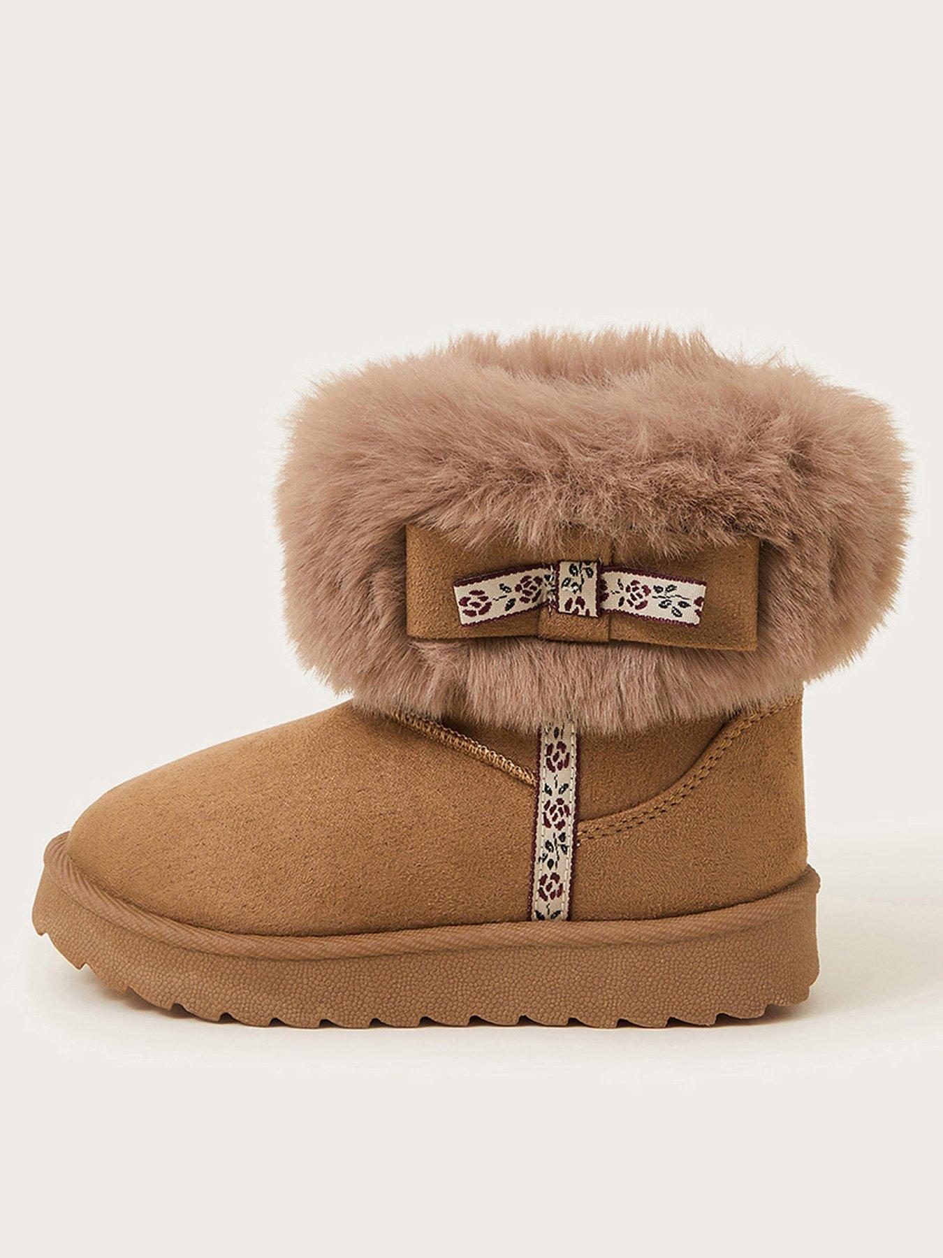 undefined Girls Fluffy Bow Slouch Boots - Brown