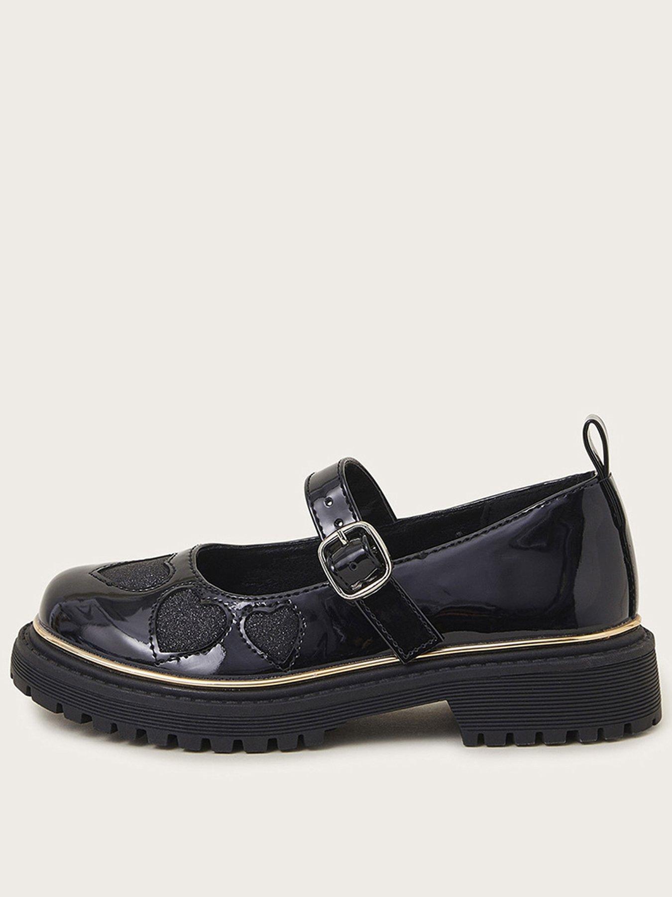 Girls Mary Jane Chunky Heart Shoes Black