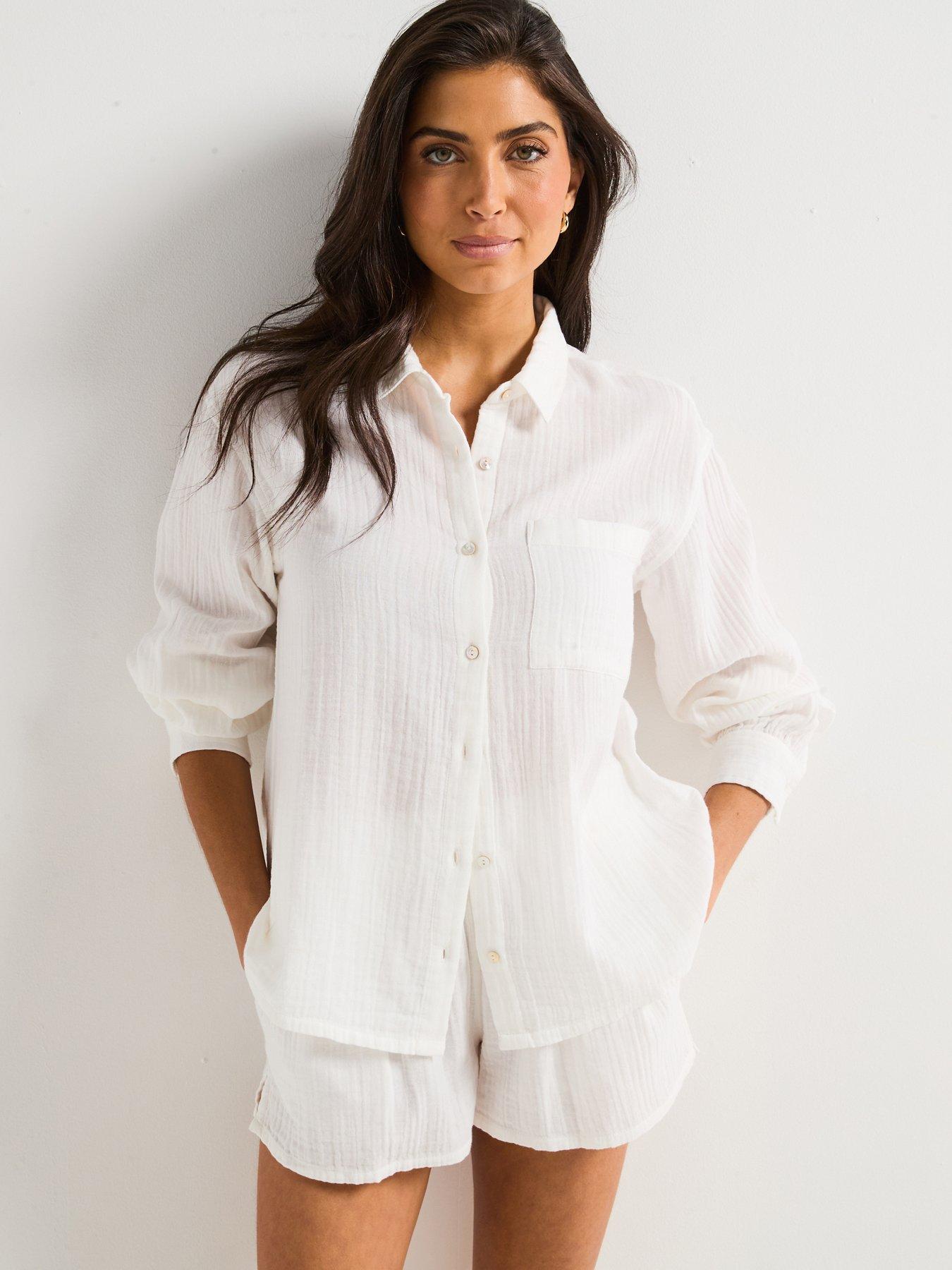 V by Very Crinkle Long Sleeve Beach Shirt - White