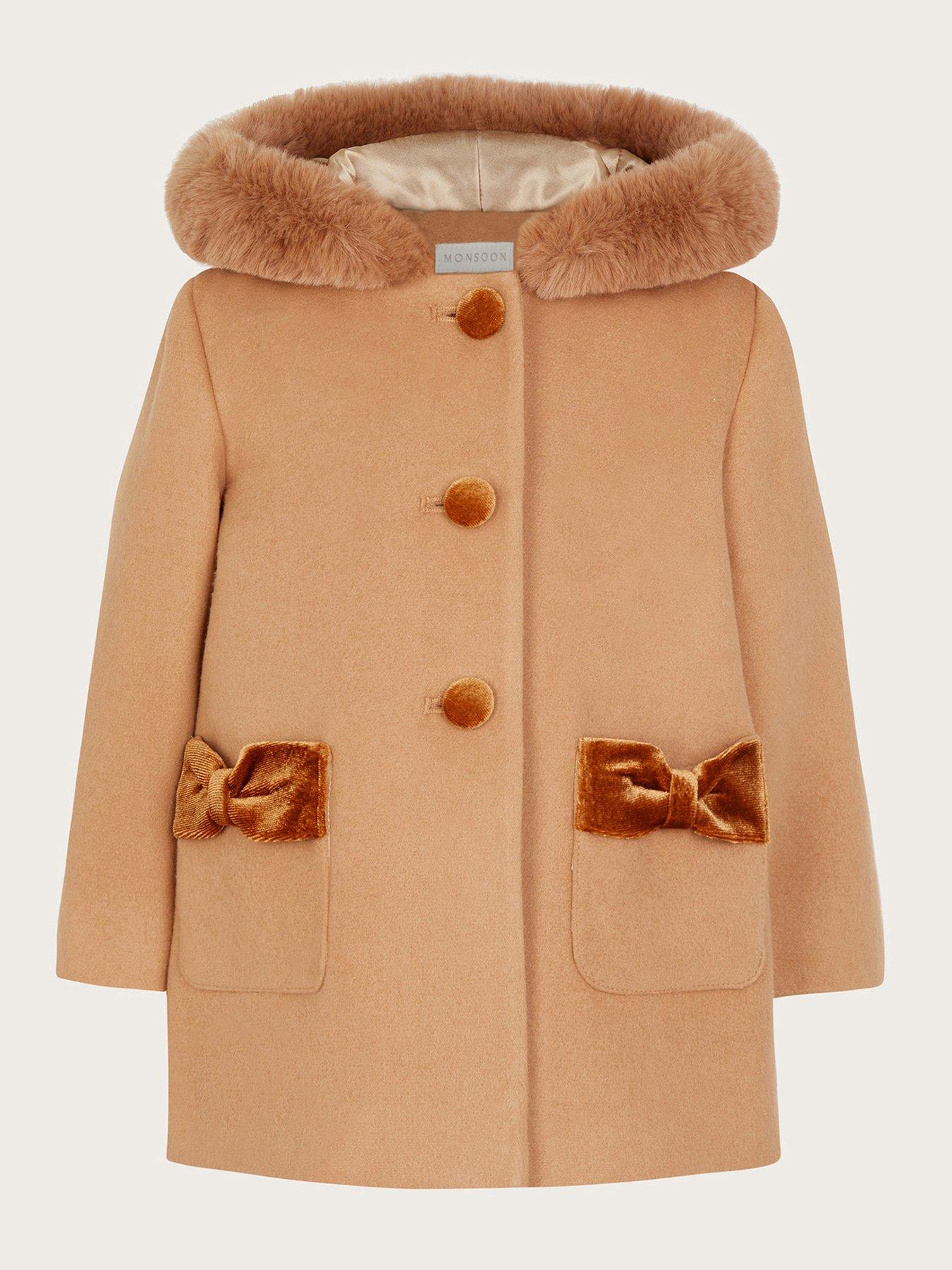 Monsoon Baby Girls Velvet Contrast Coat Brown Very