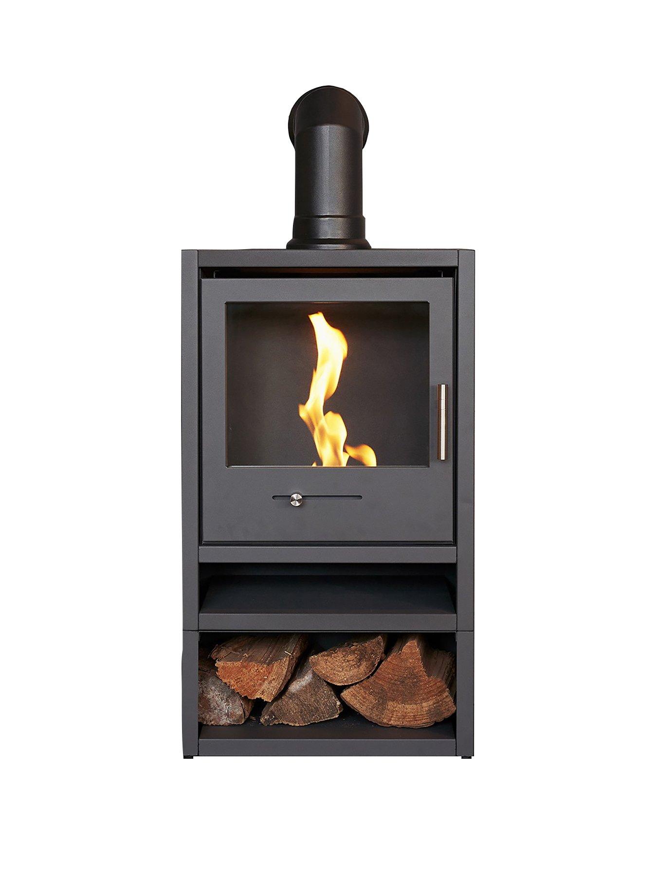Image 1 of 7 of undefined OKO S1 Bio Ethanol Stove with Log Storage in Charcoal Grey & Angled Stove Pipe