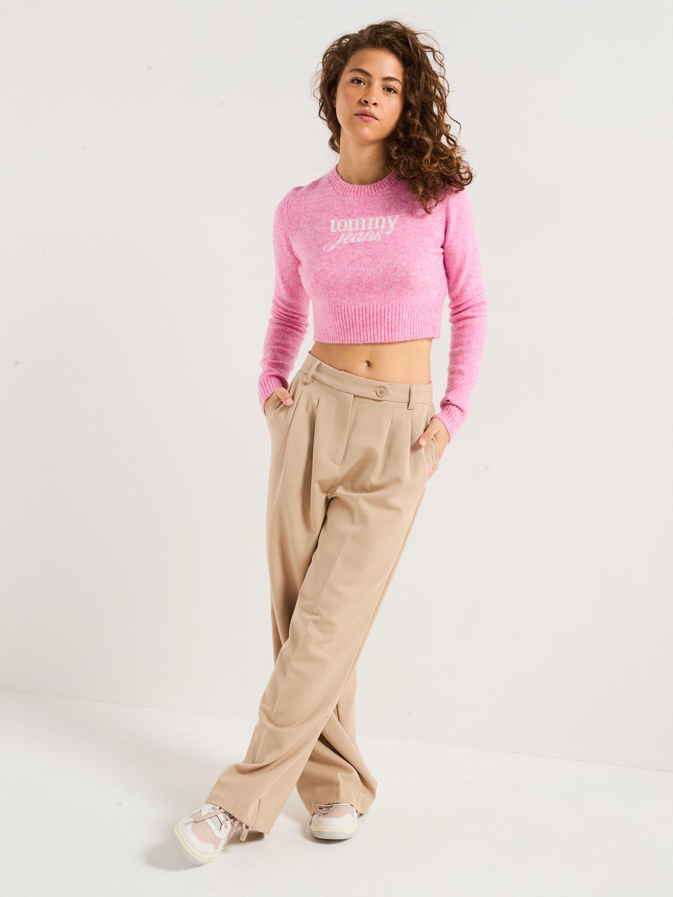 Image 3 of 6 of Tommy Jeans Script Logo Cropped Jumper - Pink