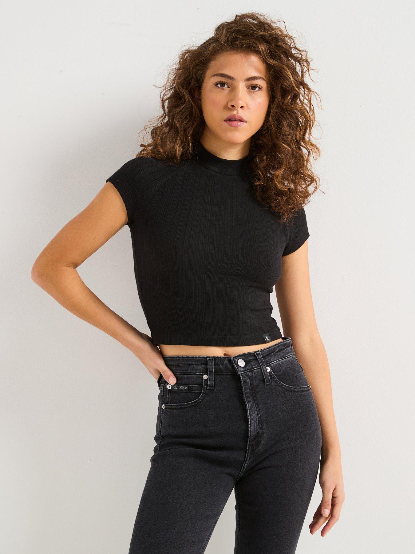 Image 1 of 6 of Calvin Klein Jeans Ribbed Mock Neck Top - Black