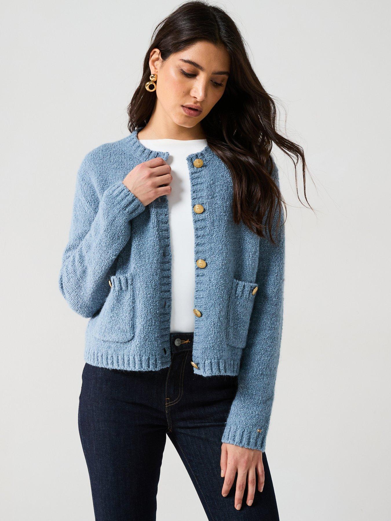 undefined Textured Gold Button Cardigan - Blue