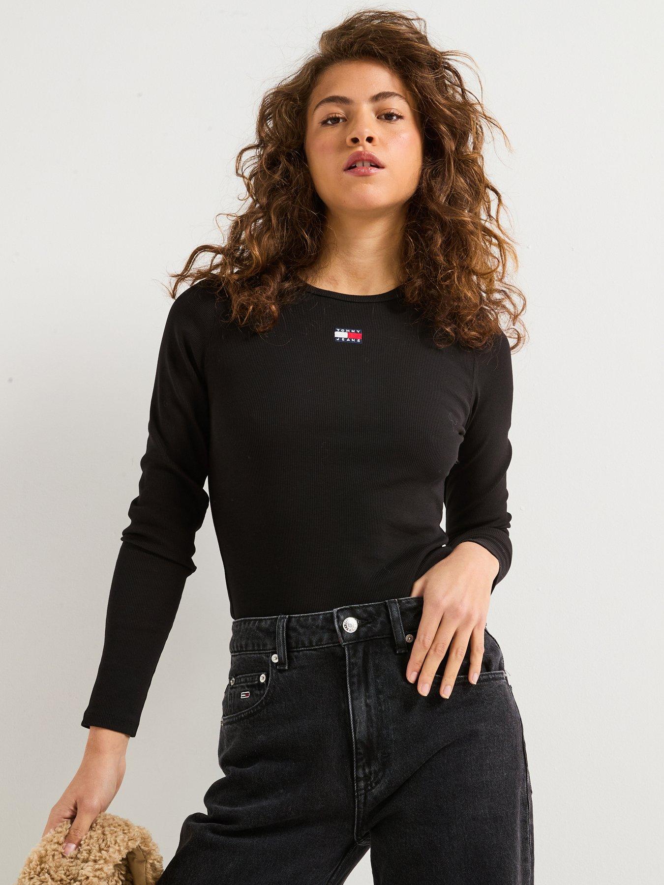 Tommy Jeans Long Sleeve Badge Logo T-Shirt, Black, Size S, Women