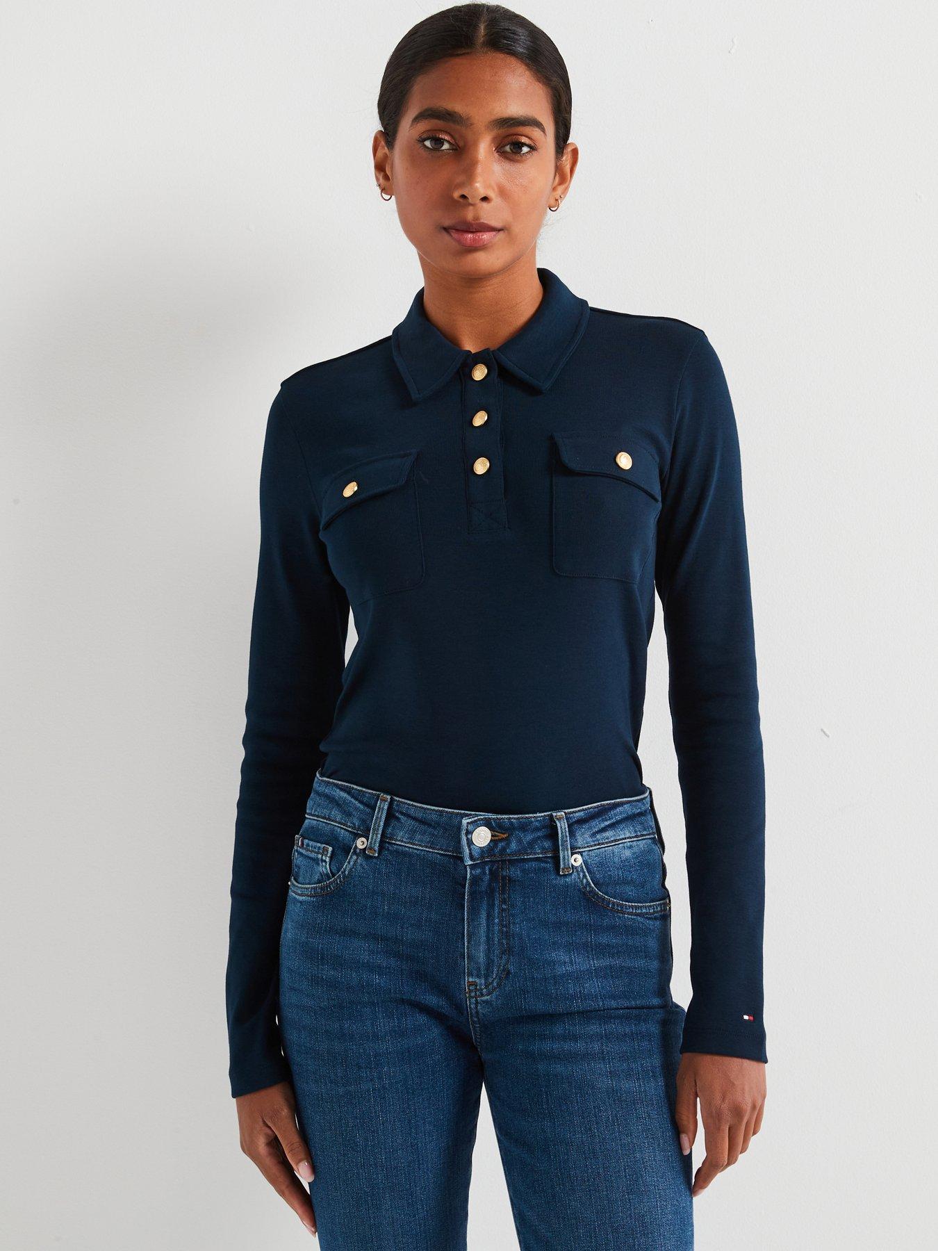 undefined Slim Fit Long Sleeve Polo Top - Navy