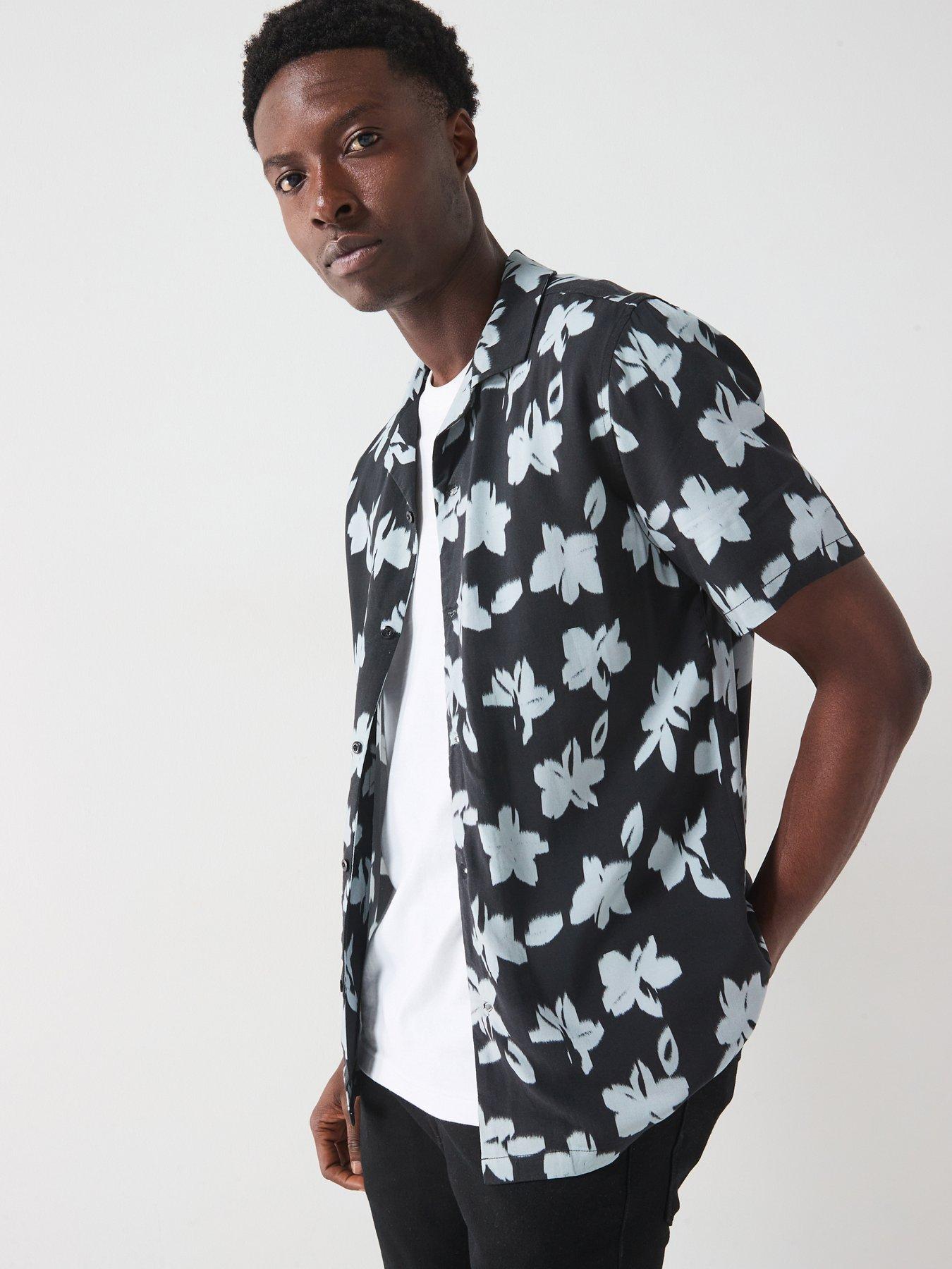 Image 1 of 6 of Very Man Mono Floral Printed Revere Shirt - Black