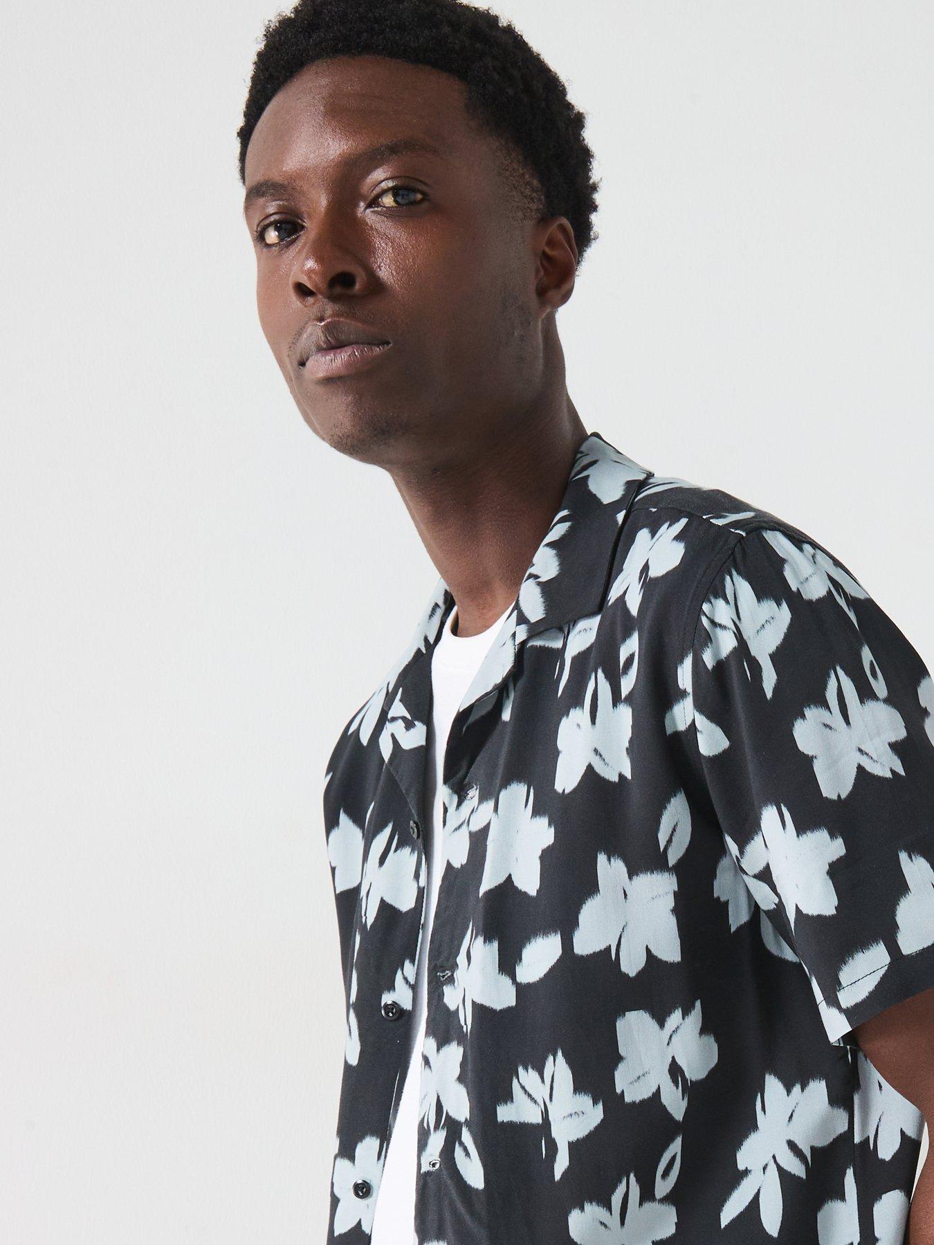 Image 4 of 6 of Very Man Mono Floral Printed Revere Shirt - Black