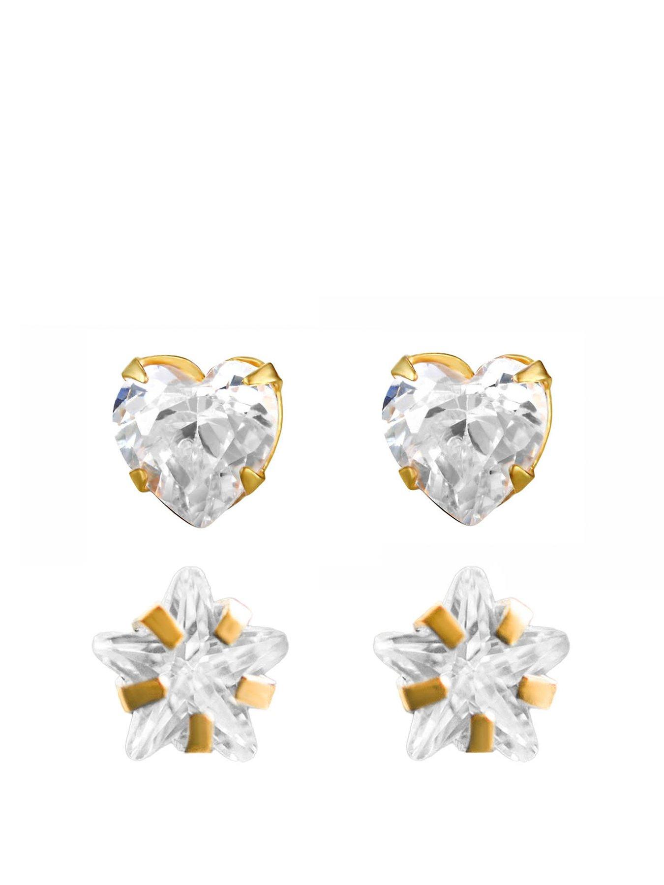 Image of The Love Collection 9ct Gold Set of White Heart and Star CZ Stud Earrings