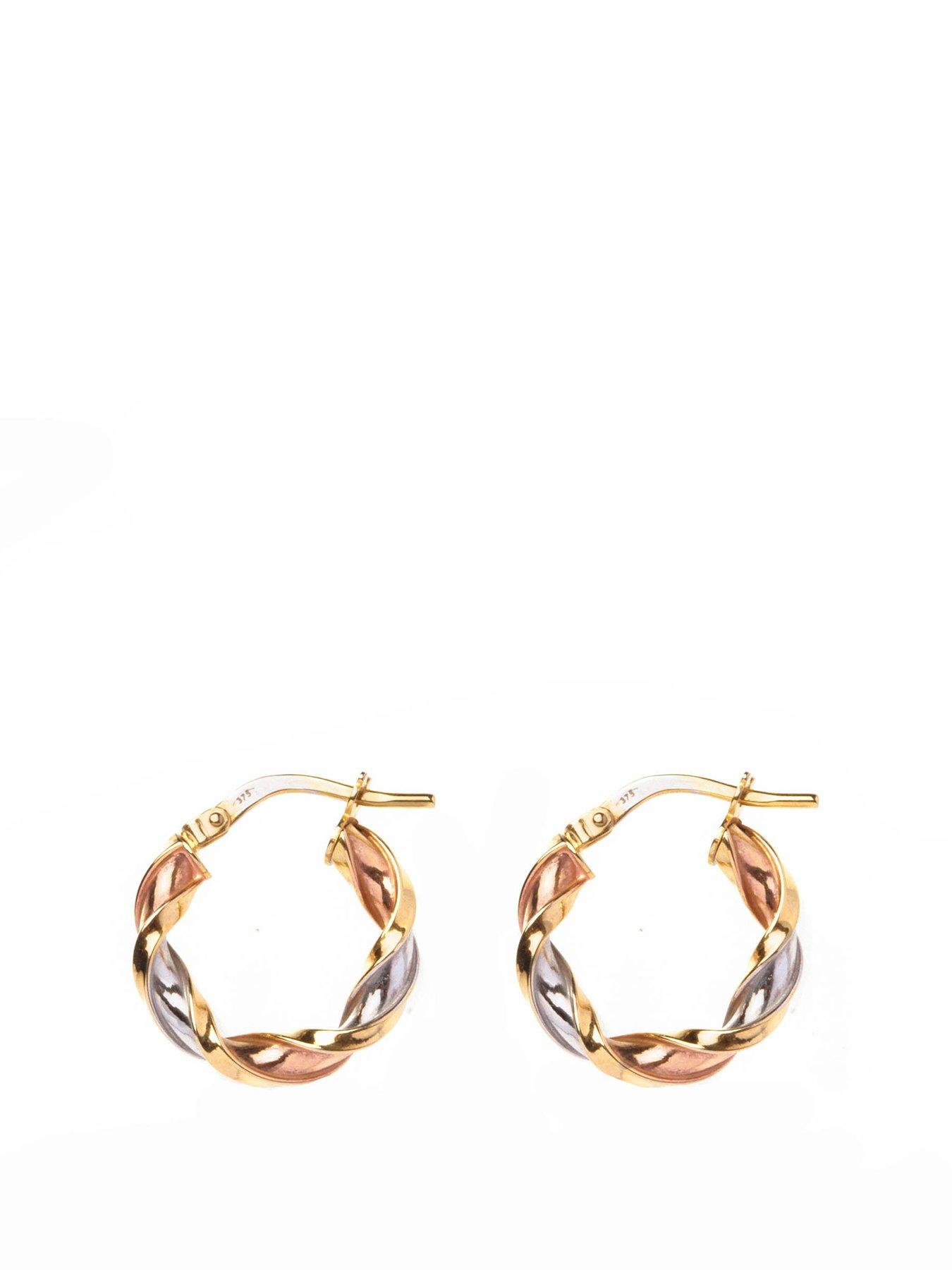 undefined 9ct Gold, Rose Gold and Sterling Silver Small Chunky Twisted Three-tone Creole Earrings
