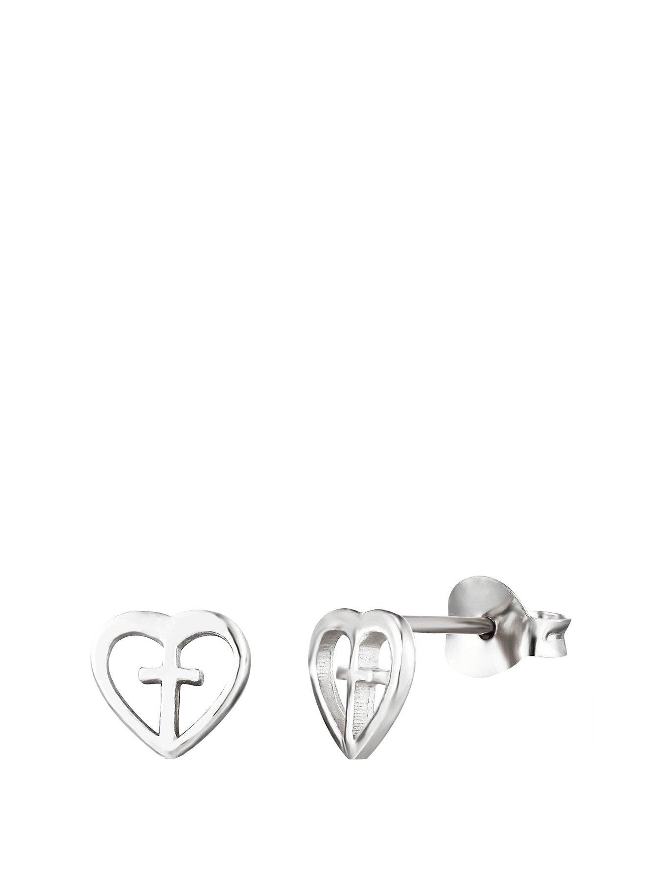 Product photograph of The Love Collection Sterling Silver Dainty Cross And Heart Stud Earrings from very.co.uk