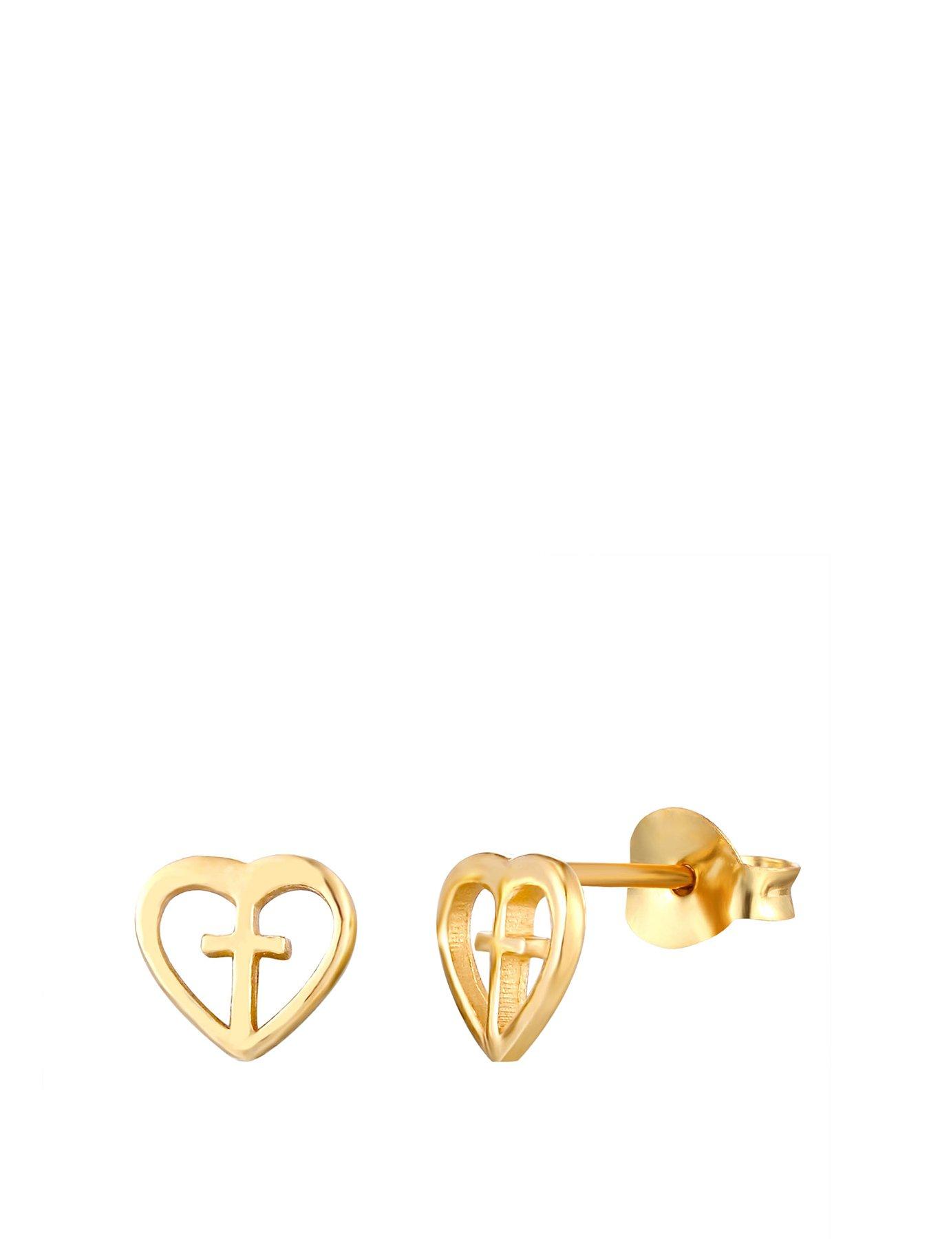 The Love Collection 9ct Gold Plated Sterling Silver Dainty cross and heart stud earrings