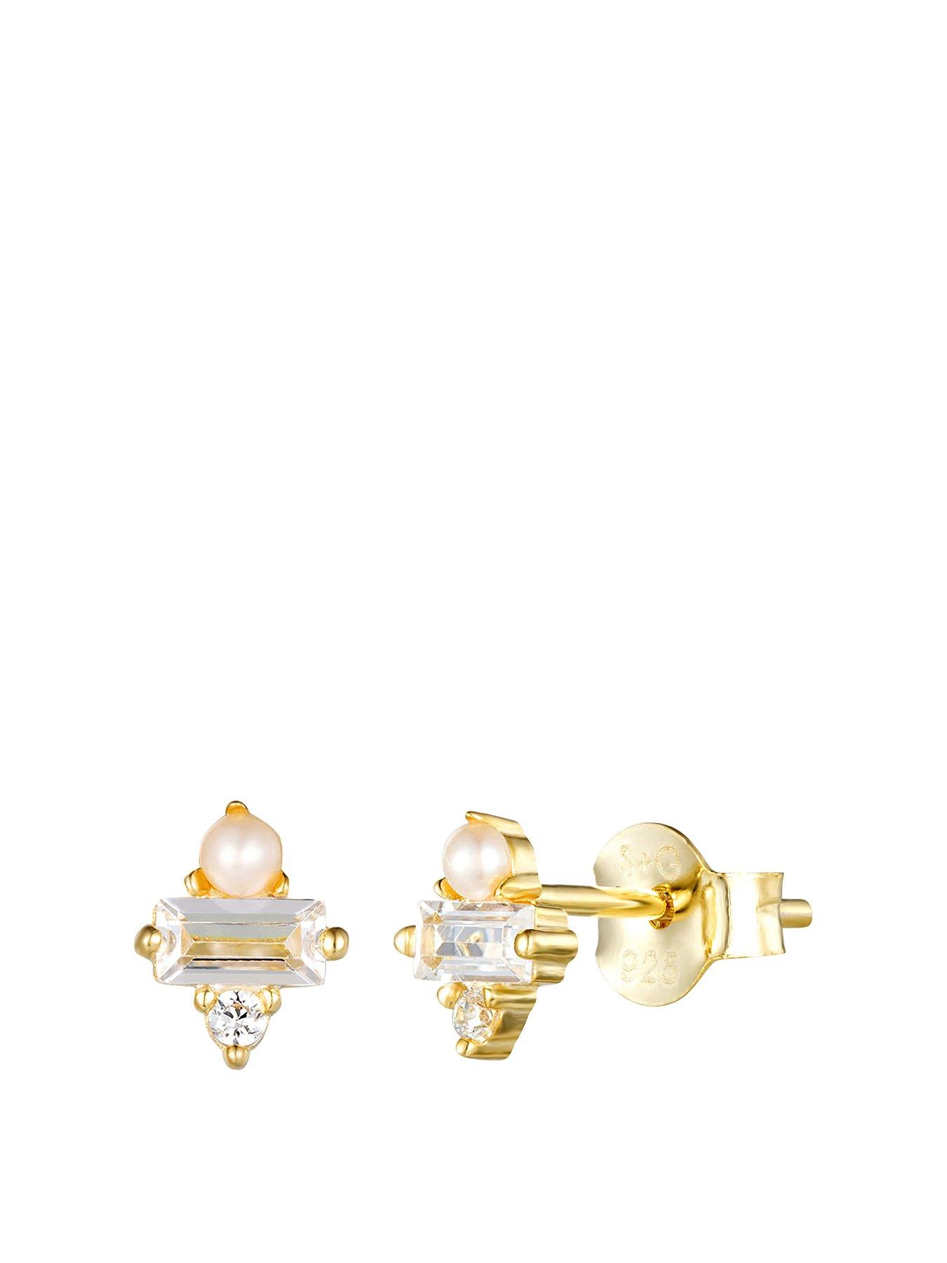 Product photograph of Seol Gold Baguette Cz Pearl Stud Earrings from very.co.uk