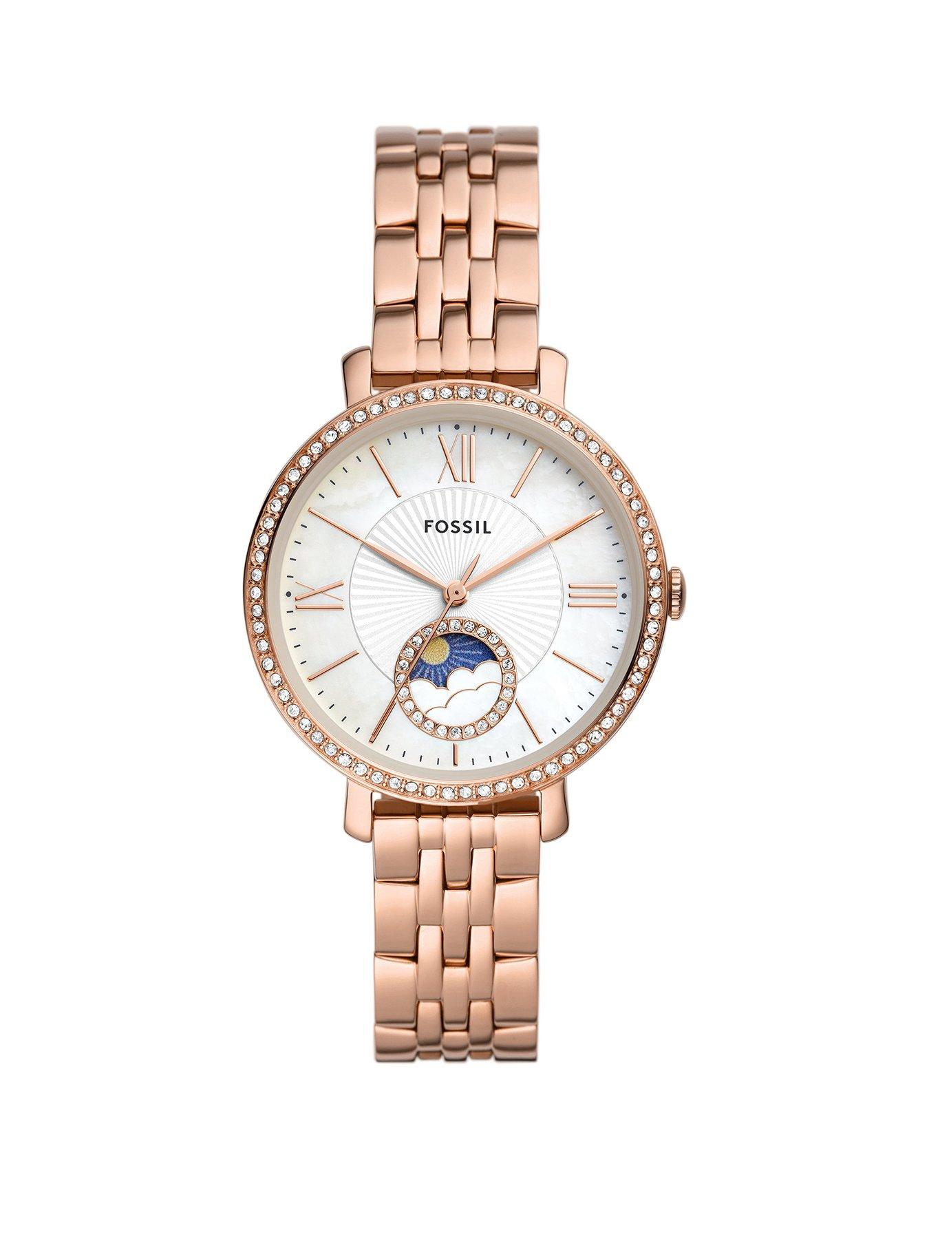 Product photograph of Fossil Jacqueline Sun Moon Multifunction Rose Gold-tone Stainless Steel Watch from very.co.uk