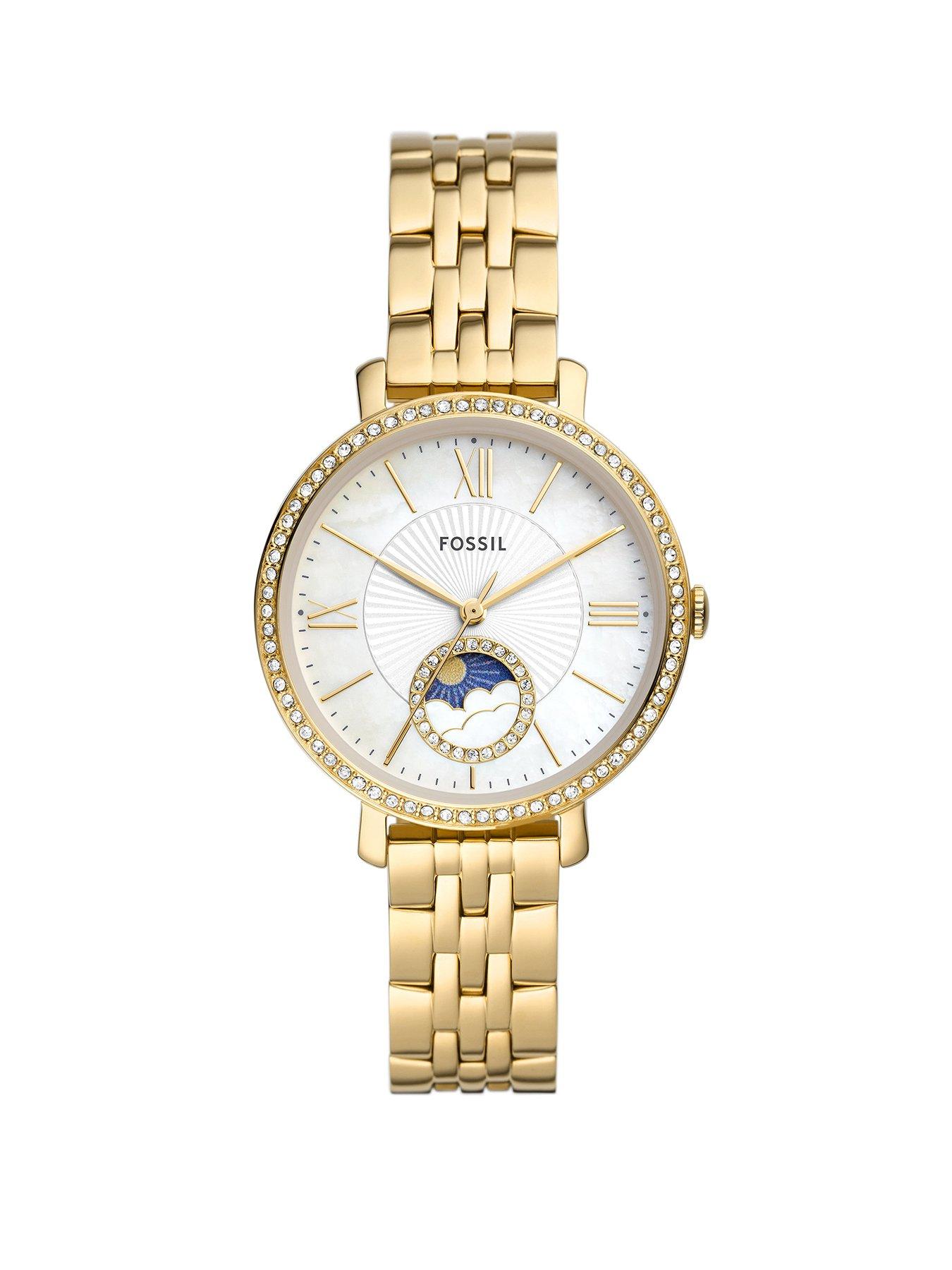 Product photograph of Fossil Jacqueline Sun Moon Multifunction Gold-tone Stainless Steel Watch from very.co.uk