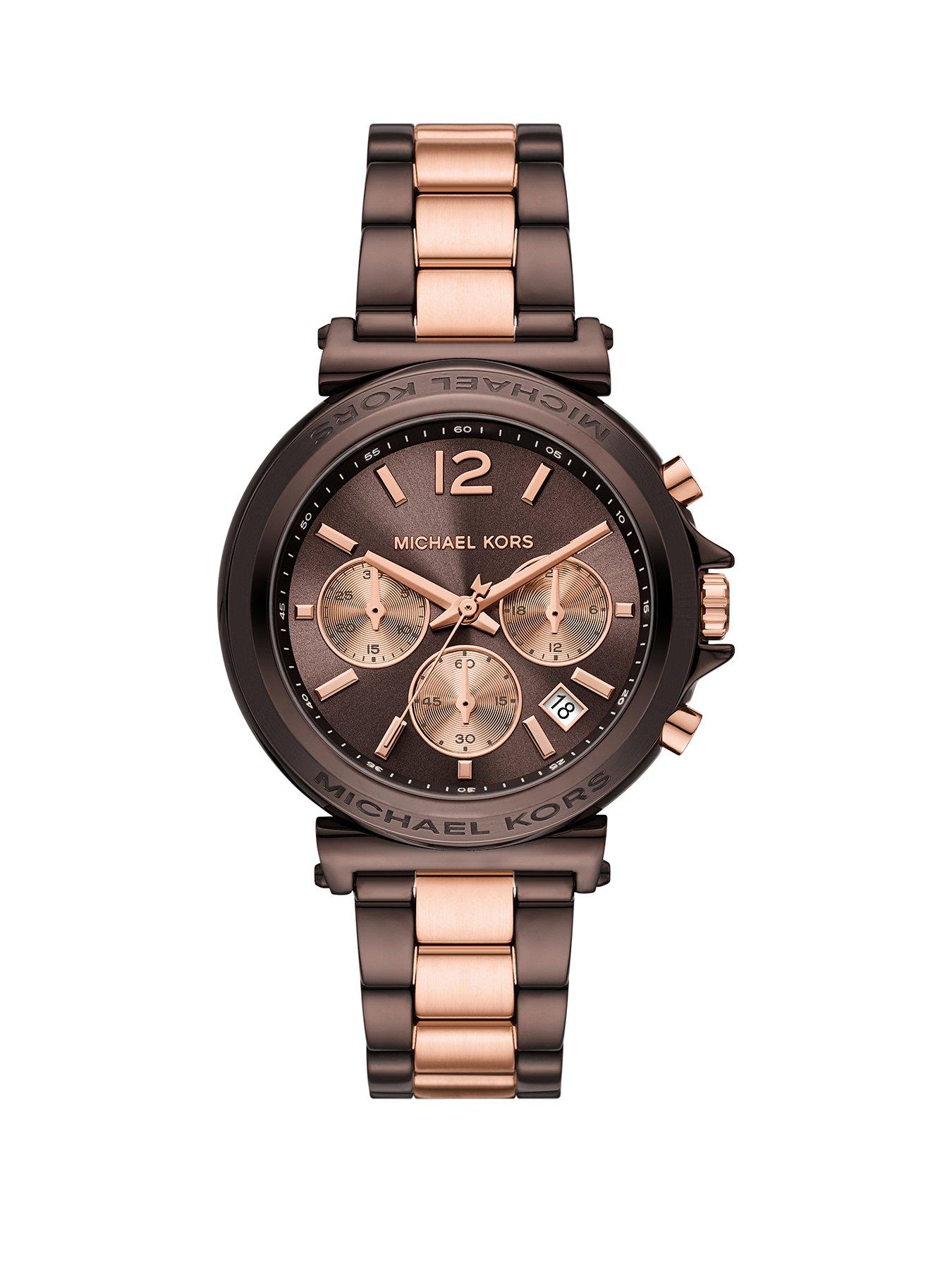 Product photograph of Michael Kors Maren Chronograph Chocolate And Rose Gold-tone Stainless Steel Watch from very.co.uk