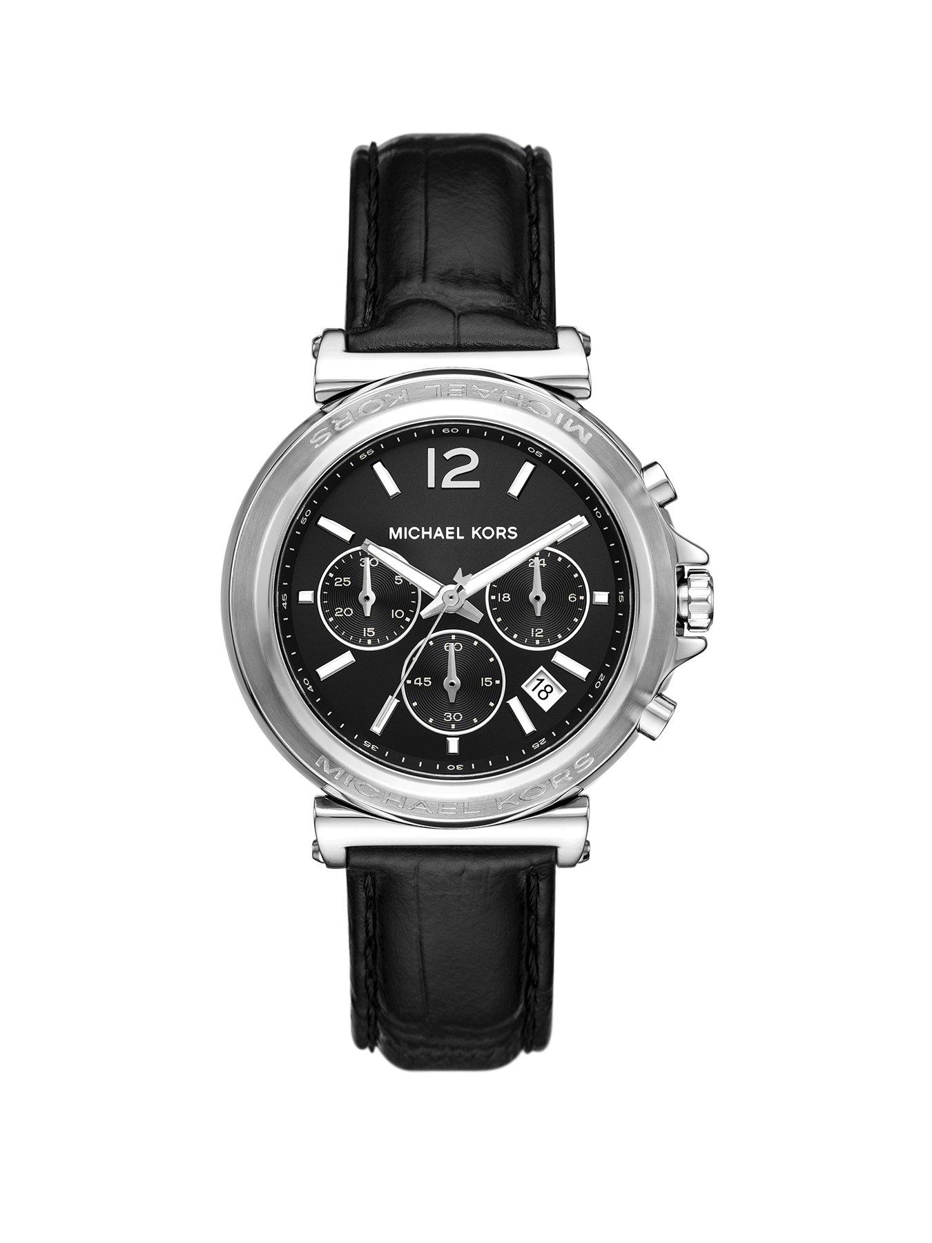 Product photograph of Michael Kors Maren Chronograph Black Leather Watch from very.co.uk