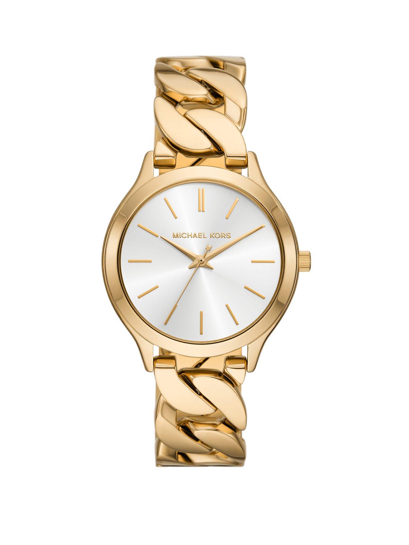 Product photograph of Michael Kors Runway Three-hand Gold-tone Stainless Steel Watch from very.co.uk